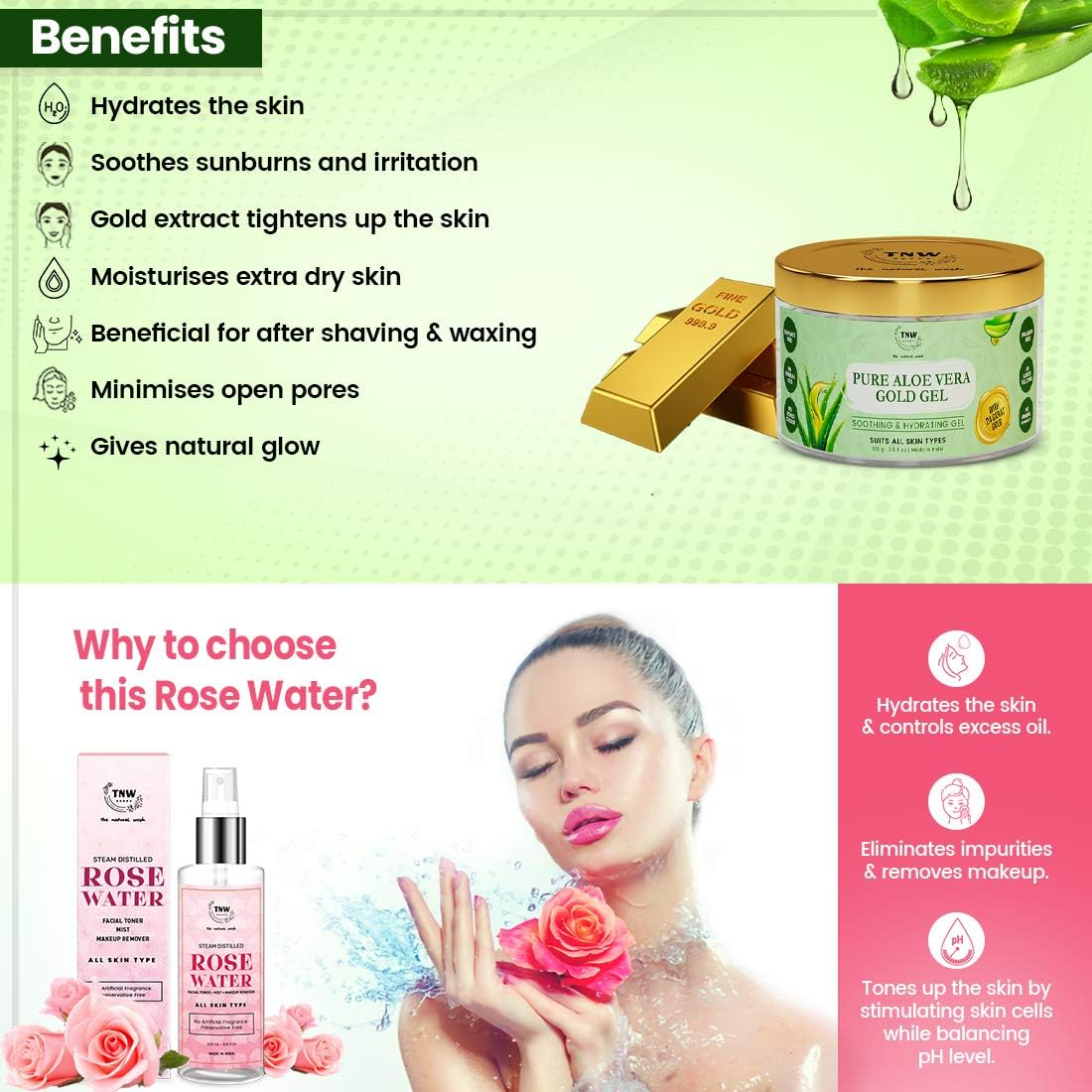 TNW-THE NATURAL WASH Distilled Rose Water and Pure Aloe Vera Gold Gel, 200 Ml, Pack of 1