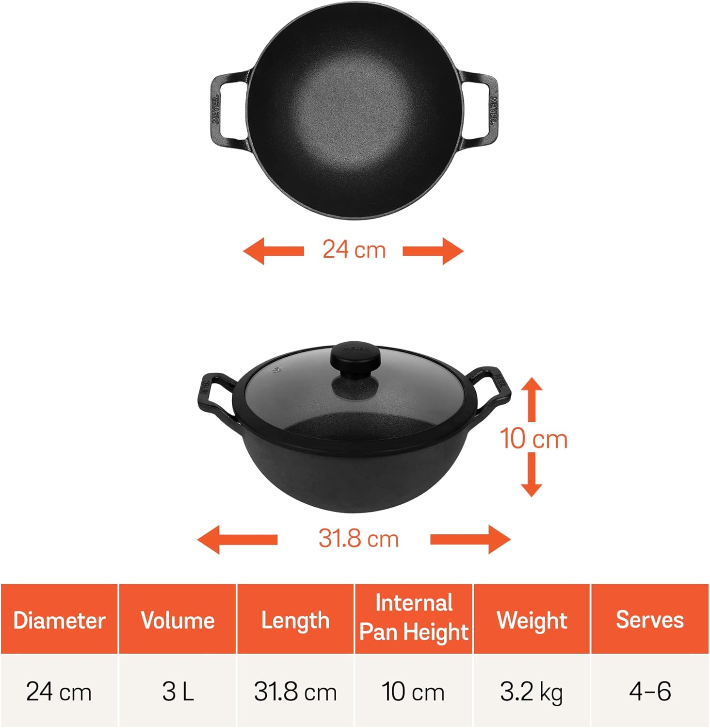 Meyer Pre-Seasoned Cast Iron Wok 24Cm with Tempered Glass Lid, Kadai, Induction Compatible Cast Iron Pan, Oven Safe, Black image number 6