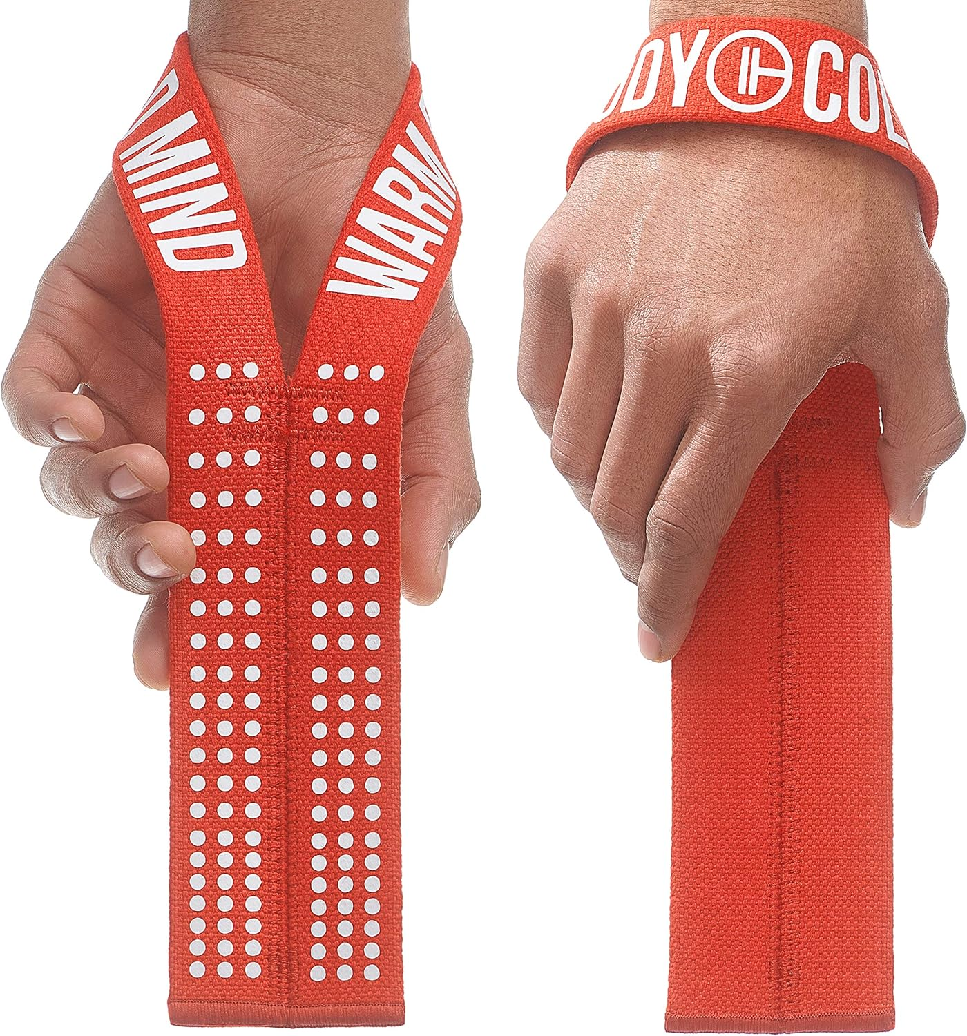 WARM BODY COLD MIND V1 Lifting Wrist Straps for Olympic Weightlifting - Rated at 660 Lb - Hand Wraps for Powerlifting, Weight Lifting, Bodybuilding Functional/Cross Training, Deadlift Gym Bar, Cotton - Black/Orange image number 3
