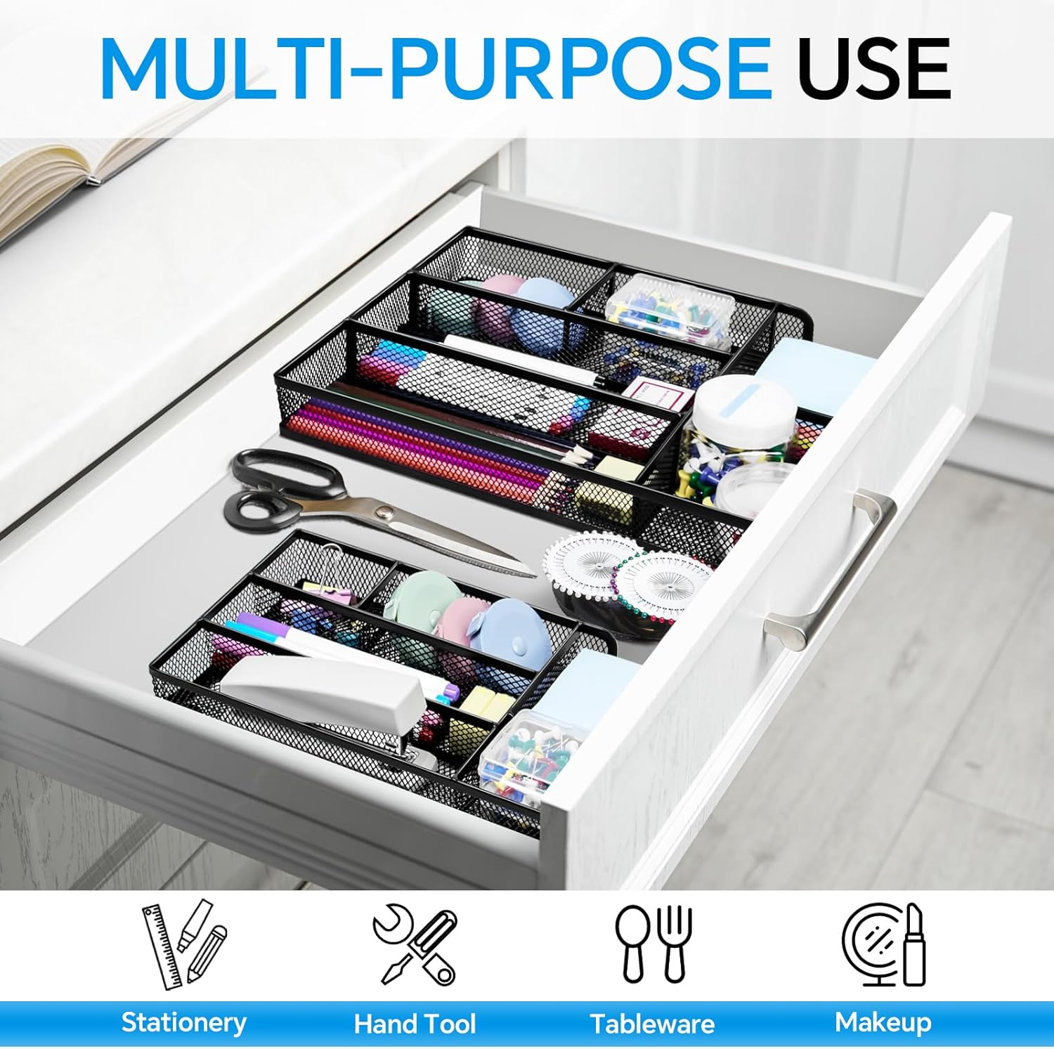 Desk Drawer Organizer, Office Drawer Divider Organizer Tray with 6 Compartments, Metal Mesh Desktop Organization and Accessories for Stationery Makeup Kitchen Toolroom School ＆ Office, 11X6.1X1.38 In image number 2