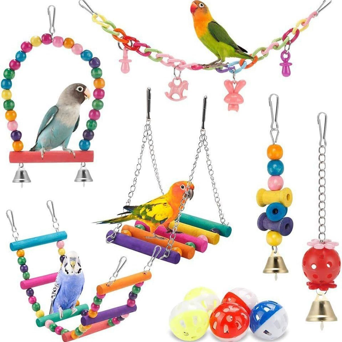 11Pcs Colorful Parrot Toy Set Birdcage Accessories, Stair Swing Rings Plastic Puzzle Ball Toys Suitable for Birds and Parrots to Play image number 5