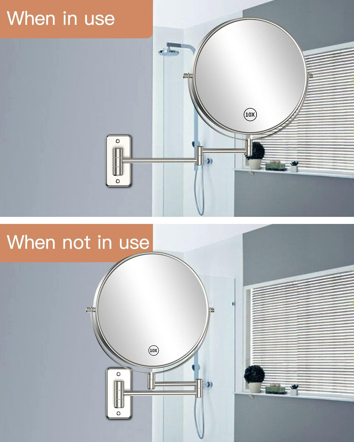 Benbilry 9" Large Size Wall Mounted Makeup Vanity Mirror, 1X/10X Magnifying Double Sided Shaving Mirror for Bathroom, 360&deg; Swivel Extendable Arm, Nickel Finish - Nickel-No Led image number 2