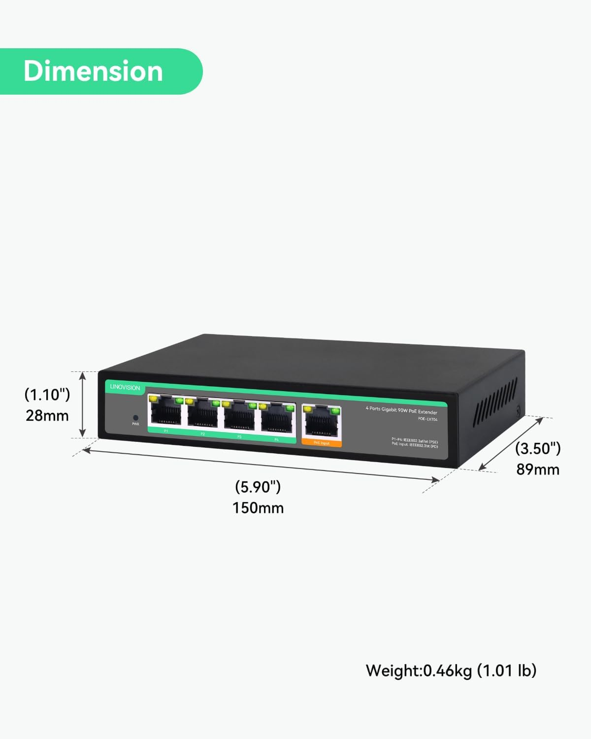 LINOVISION 4 Ports Gigabit Poe Passthrough Switch and Poe Extender with 60W POE Input, Ieee802.3Af/At/Bt Poe Repeater, 1 in 4 Out POE Bosster, Poe Powed Switch for IP Cameras, IP Phone, Wireless AP image number 1