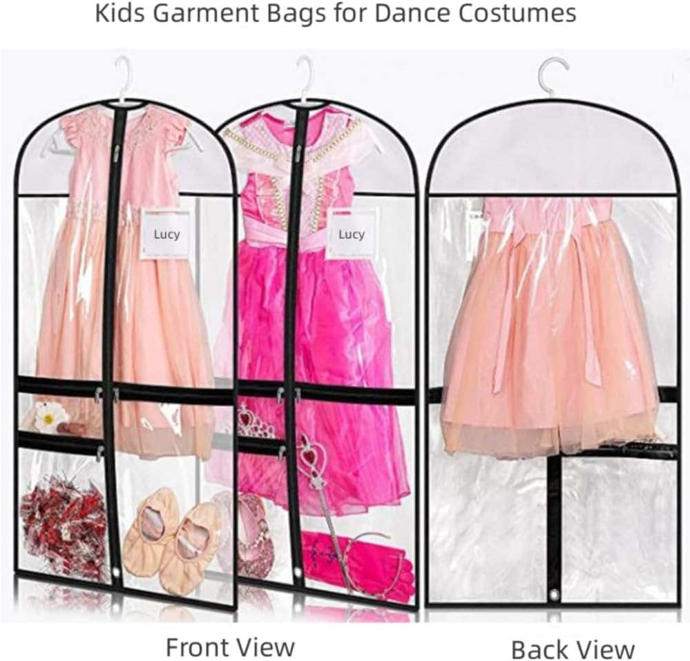 Clear Dance Costume Garment Bag, 39 Inch Garment Bag for Dance Competitions, Kids Hanging Clothes Cover for Girls Closet Storage with 3 Zippered Pockets (2 Pack, Clear)