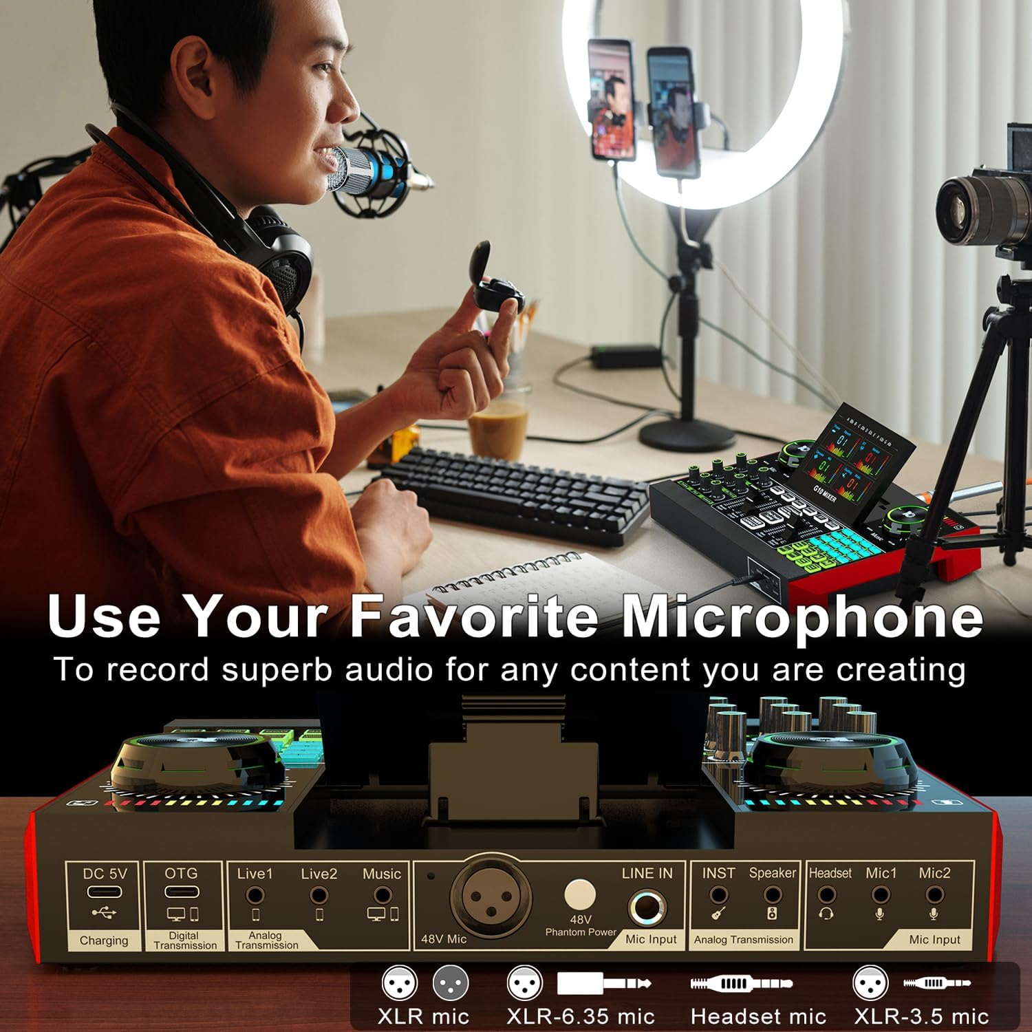 Audio Interface with Mixer and Sound Card, Tenlamp G10 USB Sound Mixer with Voice Changer Soundboard, Studio Portable All-In-One XLR Mixer for Phong PC Live Streaming Podcast Gaming Recording image number 1