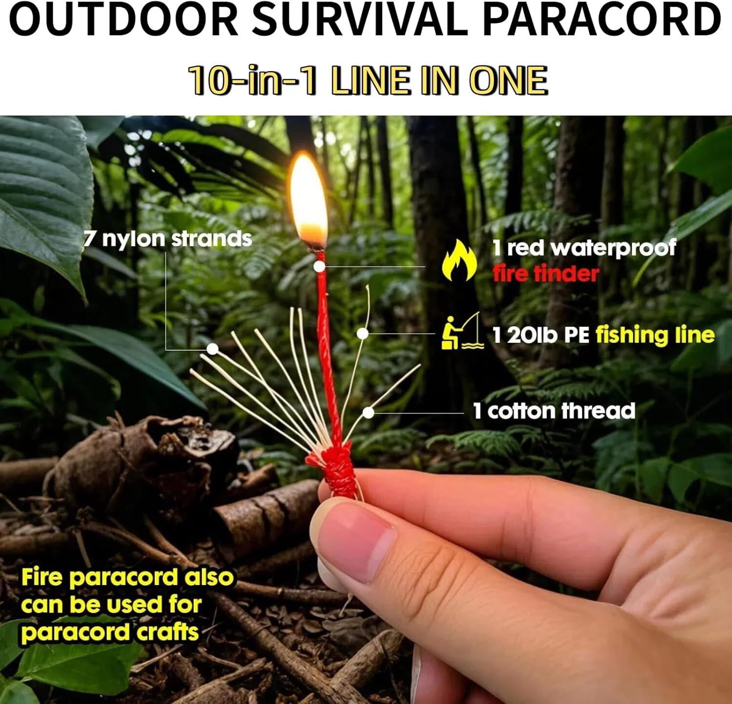 100FT Survival Paracord 550 Fire Paracord Survivor Cord Nlyon Rope 10 Strands US Military Type III 550 Parachute Cord with Integrated Fishing Line, Fire-Starter Tinder 4 in 1 image number 3