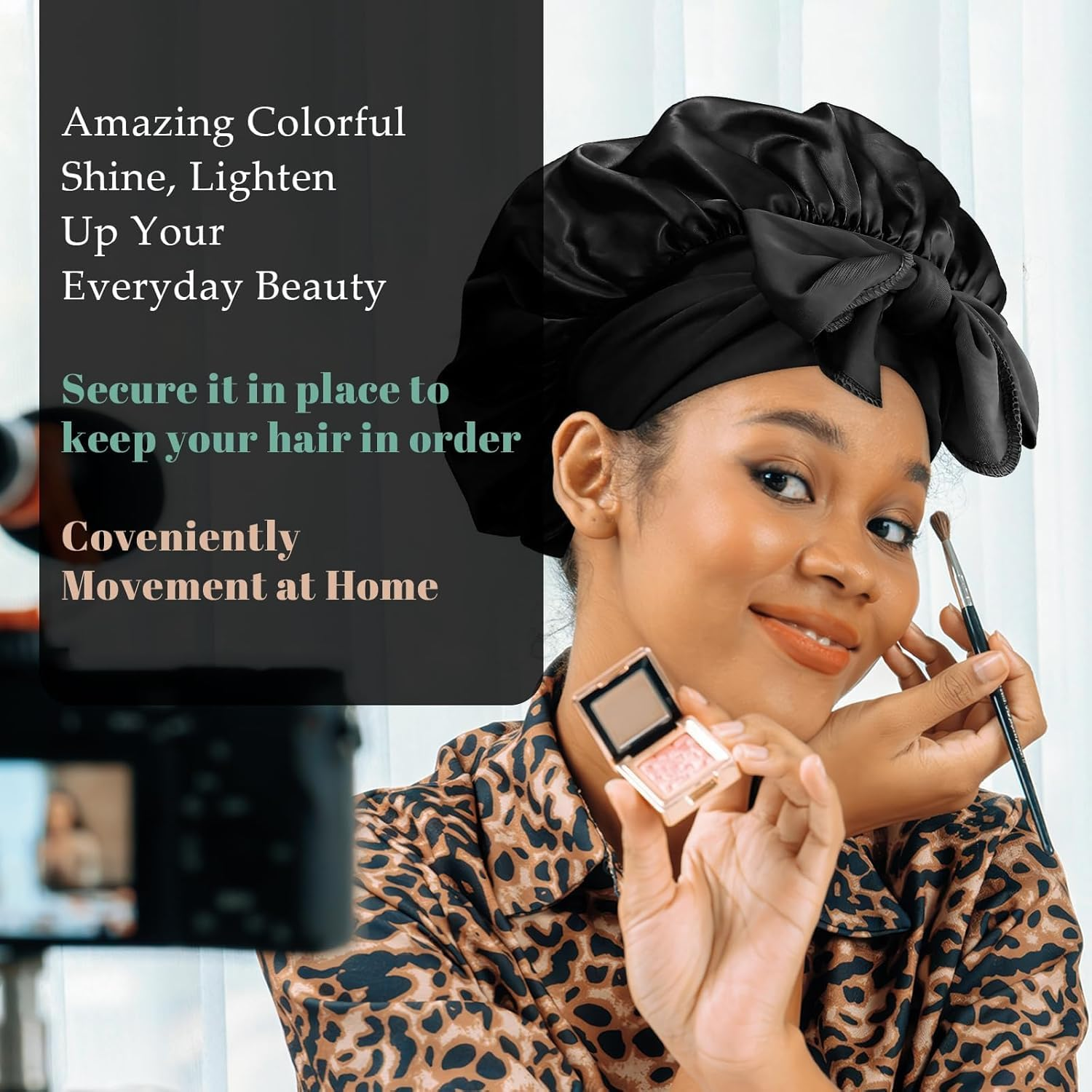 FOLAI Satin Hair Cap for Women and Men, Curling Hair Cap, Bandwidth Elastic Band, Breathable Adjustable Sleep Cap, Satin Bonet for Sleeping, Pack of 1 (Black) image number 6