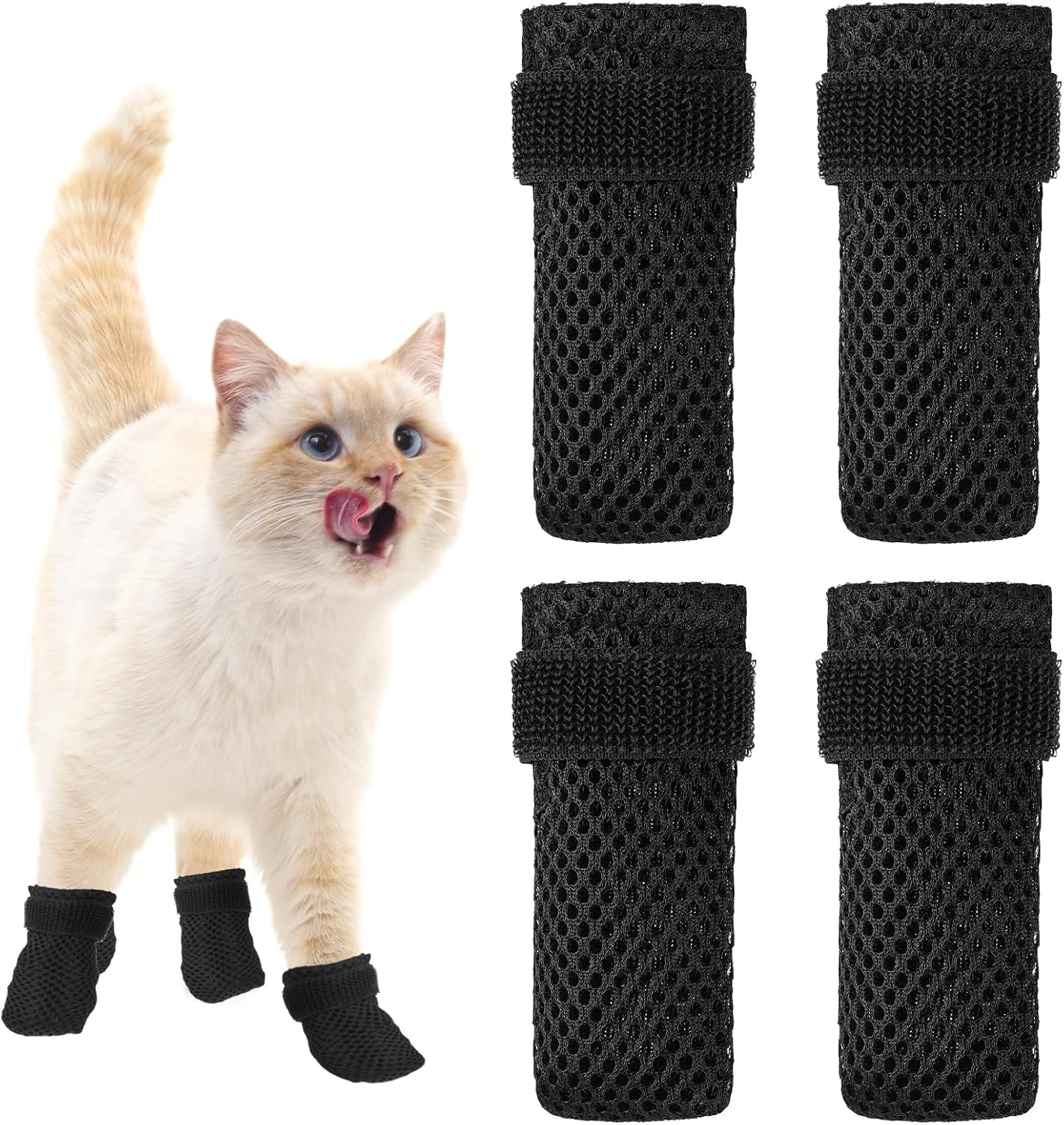 KALIONE Cat Boots - 4 Packs Claw Covers, Black anti Scratch Mittens, Breathable Mesh Foot Covers, Adjustable Claw Protectors for Indoor Cat Bathing & Nail Cutting image number 6
