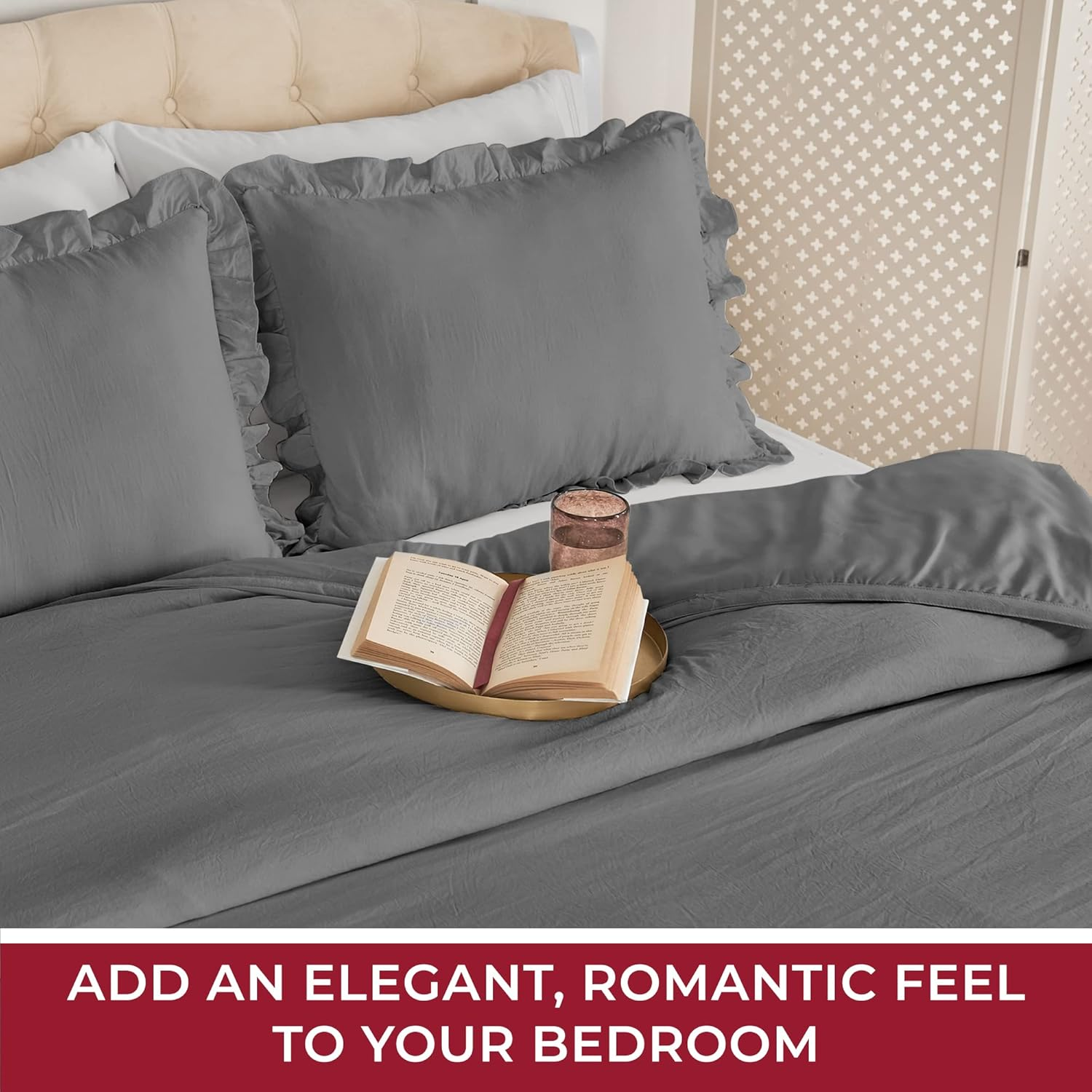 Mellanni Multi-Ruffled King Comforter Set - 3-Pieces: 1 Bedspread & 2 Shams - Shabby Chic Bedding Set - 30" Deep Bedskirt for Total Coverage - Durable and Comfortable Chic Bedspreads (King, Gray) image number 1