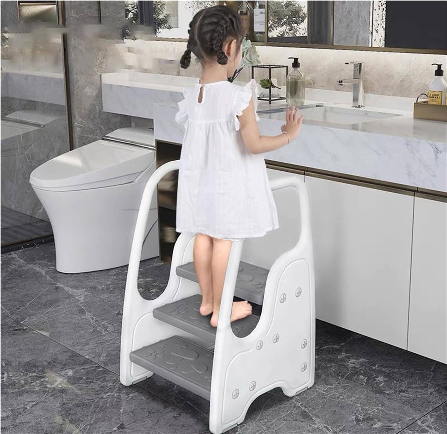 Tcoiyt Adjustable 2 Steps to 3 Steps Toddler Step Stool, Toddler Step Stool with Handles and Non-Slip Steps, Step Stool for Toilet Potty Training, Step Stool for Toilet Potty Training-White