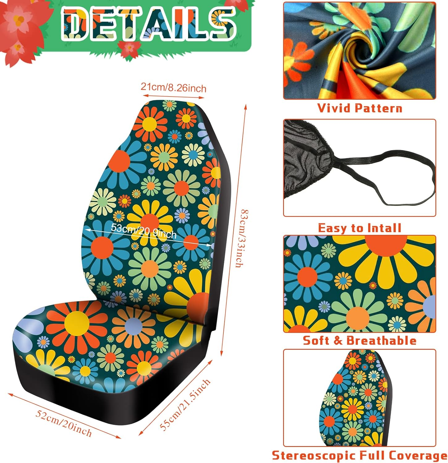 Tallew Abstract Hippie Flower Car Accessories Set - Car Seat Covers, Steering Wheel Cover, License Frames, Armrest Cover, Seat Belt, Cup Holder, Keyrings image number 6