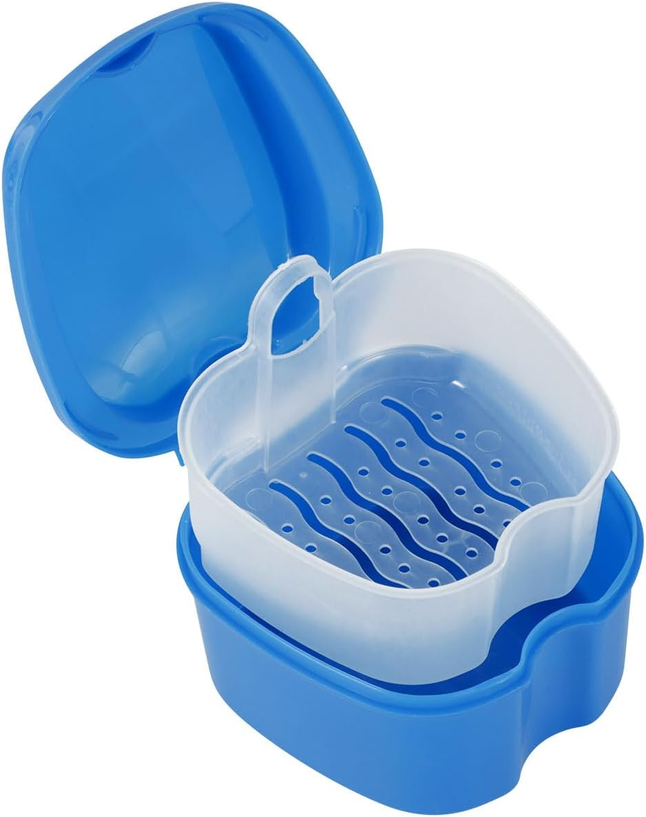 Abizarch Denture Case Denture Bath Box False Teeth Storage Box with Rinsing Basket Portable False Teeth Storage Case Orthodontic Dental Retainer Box for False Teeth Storage Soaking Cleaning(Navy Blue)
