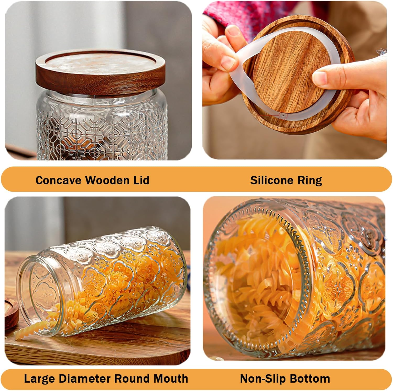 Vintage Glass Jar，34Oz/2Pcs Glass Storage Jar with Airtight Bamboo Wooden Lids，Glass Food Storage Containers for Kitchen Counter Pantry Coffee Beans Tea Oats Candy Jar (Stone Pattern+Flower) - Stone Pattern+Flower image number 1