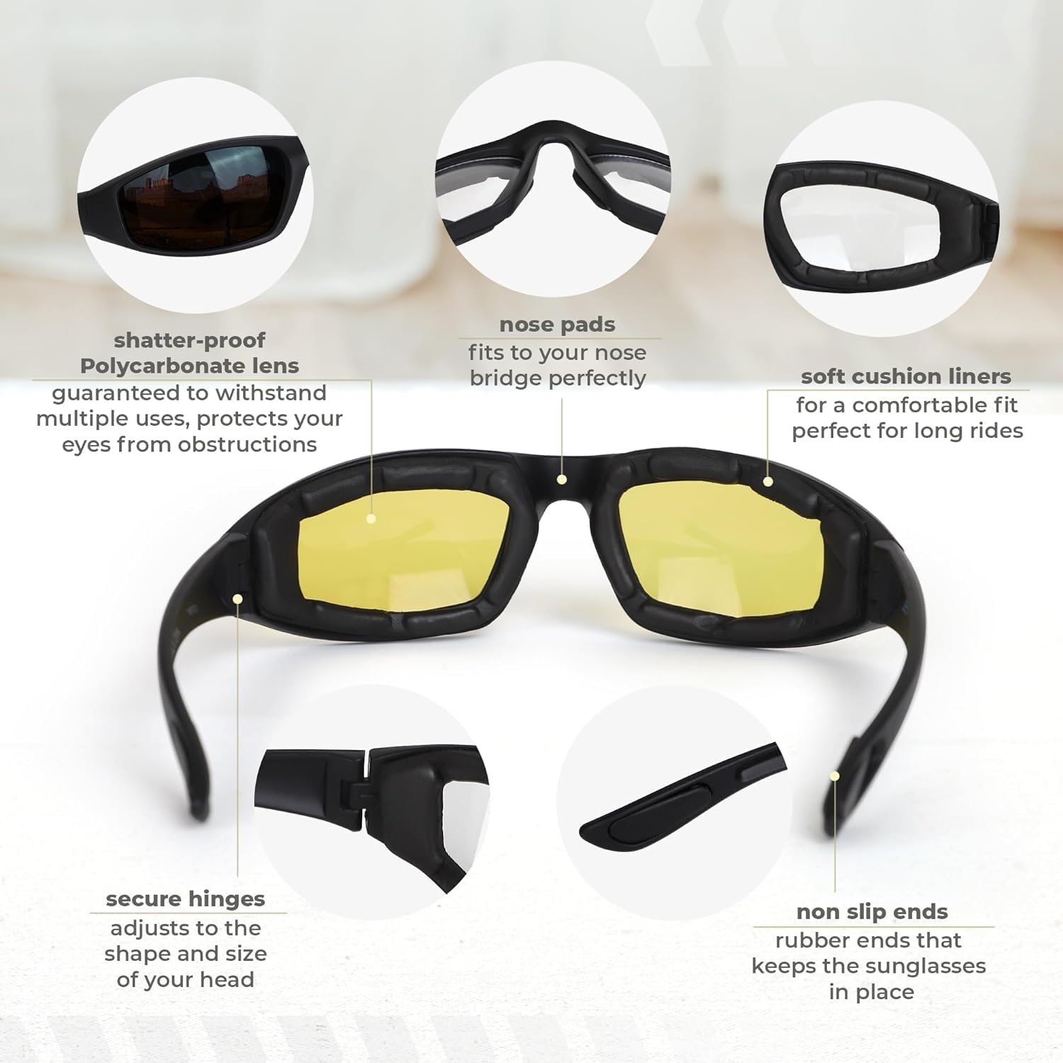 3-Pack Motorcycle Glasses &ndash; Foam Padding &ndash; Anti-Wind & Dust &ndash; Polycarbonate Lens image number 5
