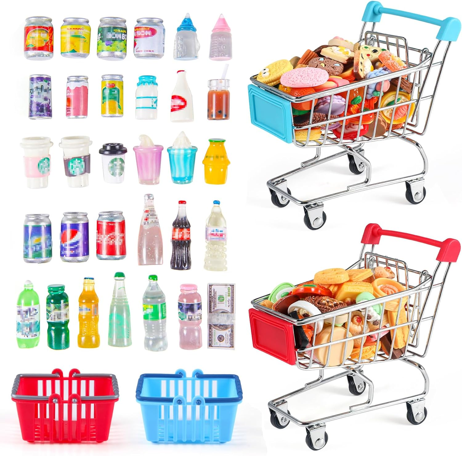 HSJH 134Pcs Mini Shopping Cart Basket Miniature Food Drink Bottle Supermarket Metal Handcart Toys Doll House Store Cosplay Game Dollhouse Grocery Fruit Cake Bread Party Trolley Model Dollar Bills image number 4