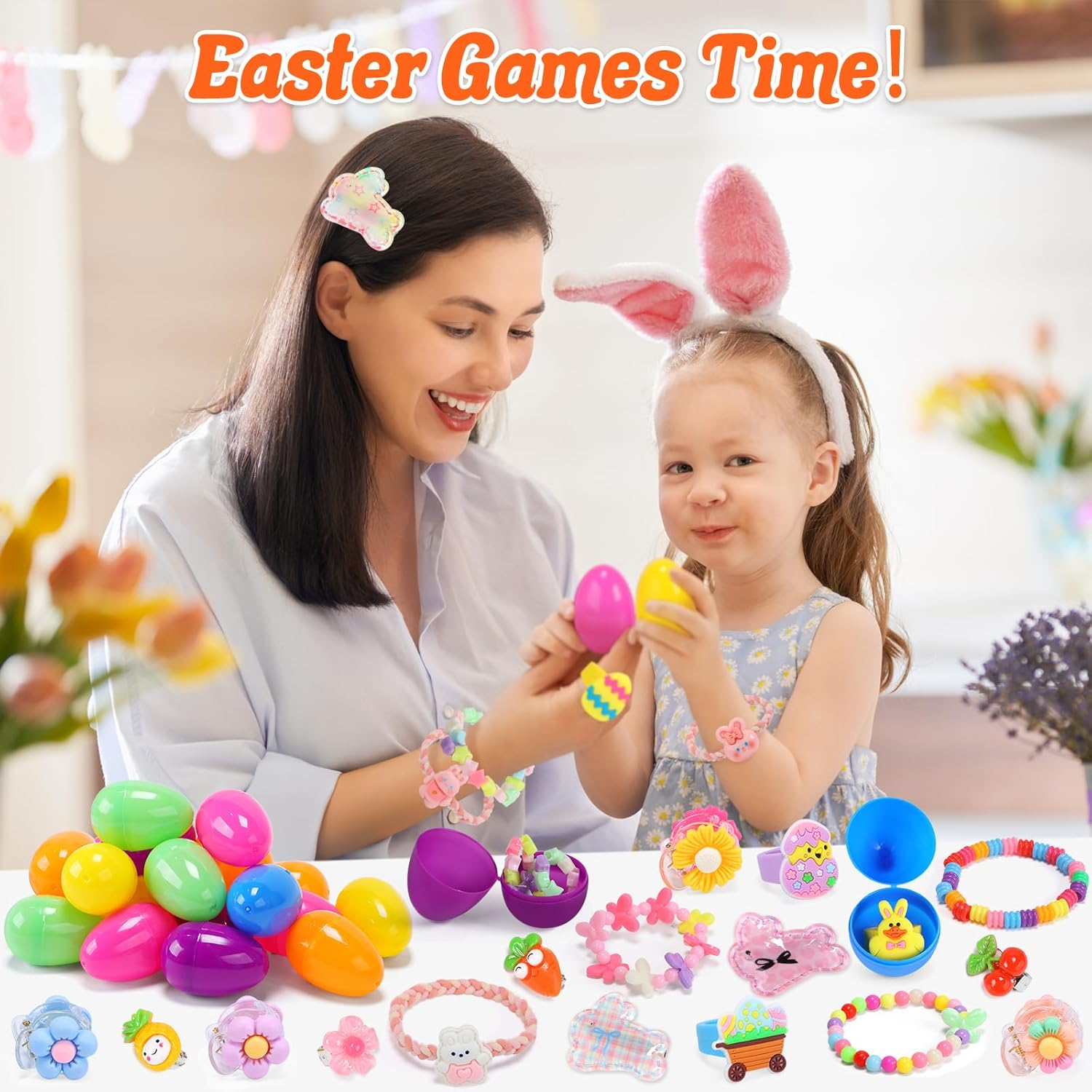 Skirfy Jewelry Toys for Girls,49 PCS Toddlers Kids Toys Age 3-5,Earrings,Rings,Hair Clip,Play Princess Toys for Dress Up,Easter Egg Classroom Peizes Birthday Gift image number 2