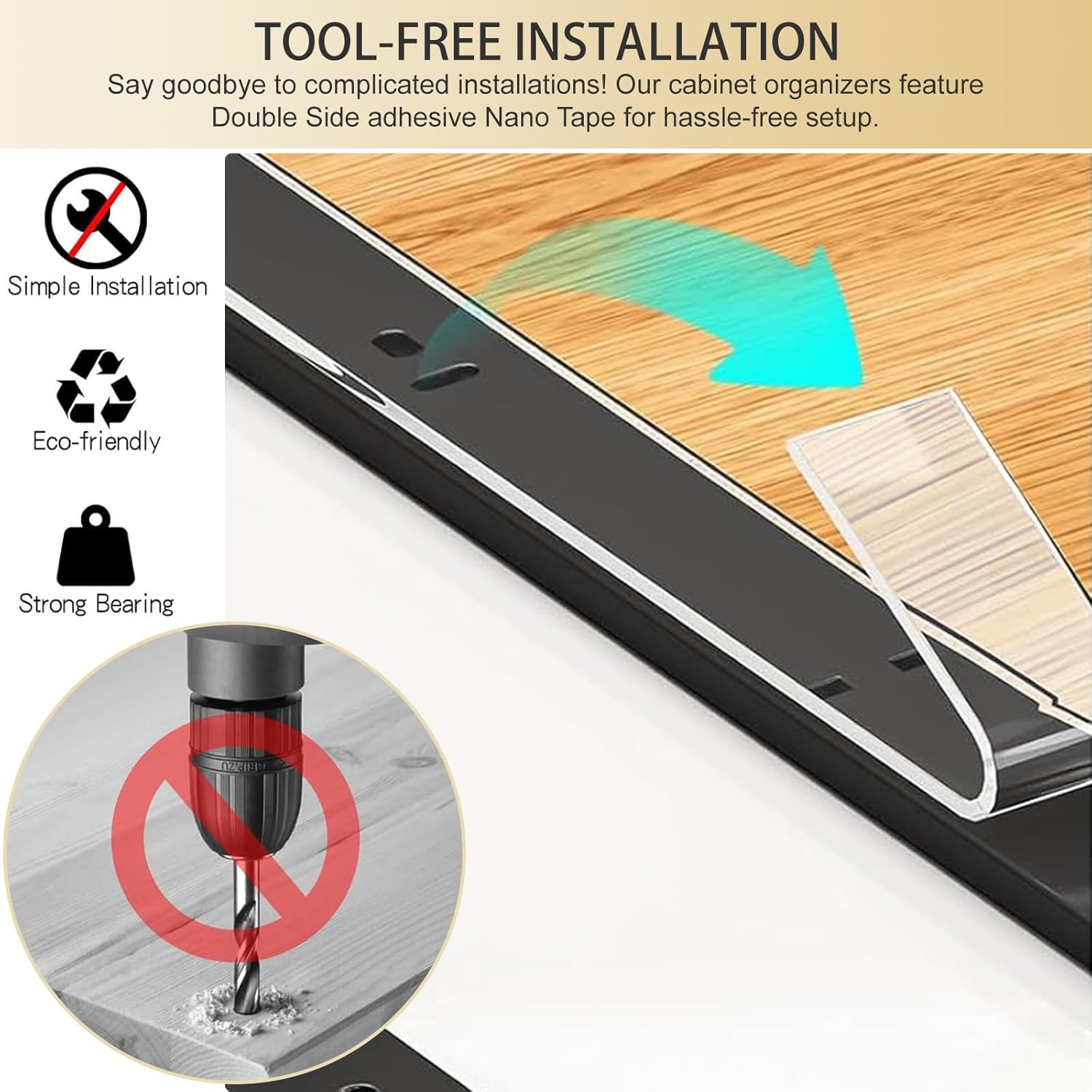 2 Pack Pull Out Cabinet Organizer, Adhesive Slide Out Drawer for Cabinets, Peel and Stick Pull Out Drawer Shelves, Multifunctional Drawer Organizers for Kitchen, Pantry, Bathroom, Bedroom (White) image number 6