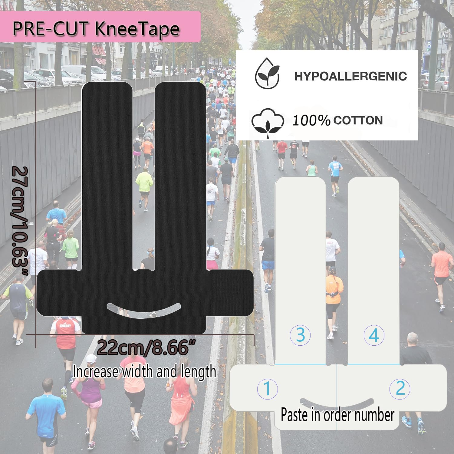 Kinesiology Tape for Knees, 12 Count Pre-Cut Waterproof Knee Tape for Knee Pain Relief Pre Cut, Original Cotton Athletic Tape, Durable Knee Tape for Sports and Long-Lasting Support (Black) image number 3