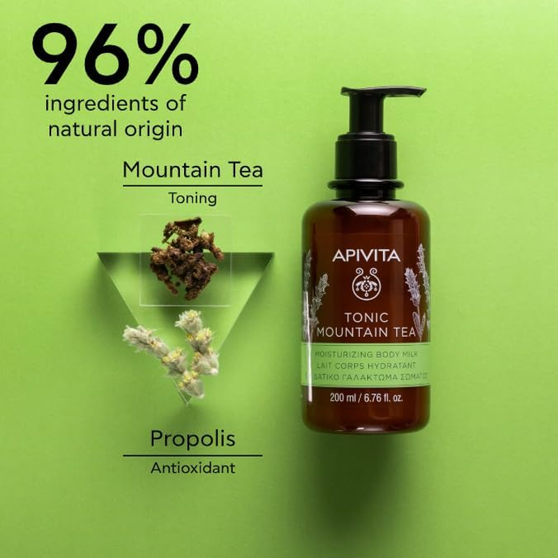 APIVITA Tonic Mountain Tea Moisturizing Body Milk 6.76 Fl.Oz. | Energizing & Revitalizing Body Moisturizer for All Skin Types | Shea Butter Lotion That Moisturizes In-Depth & Nourishes the Body