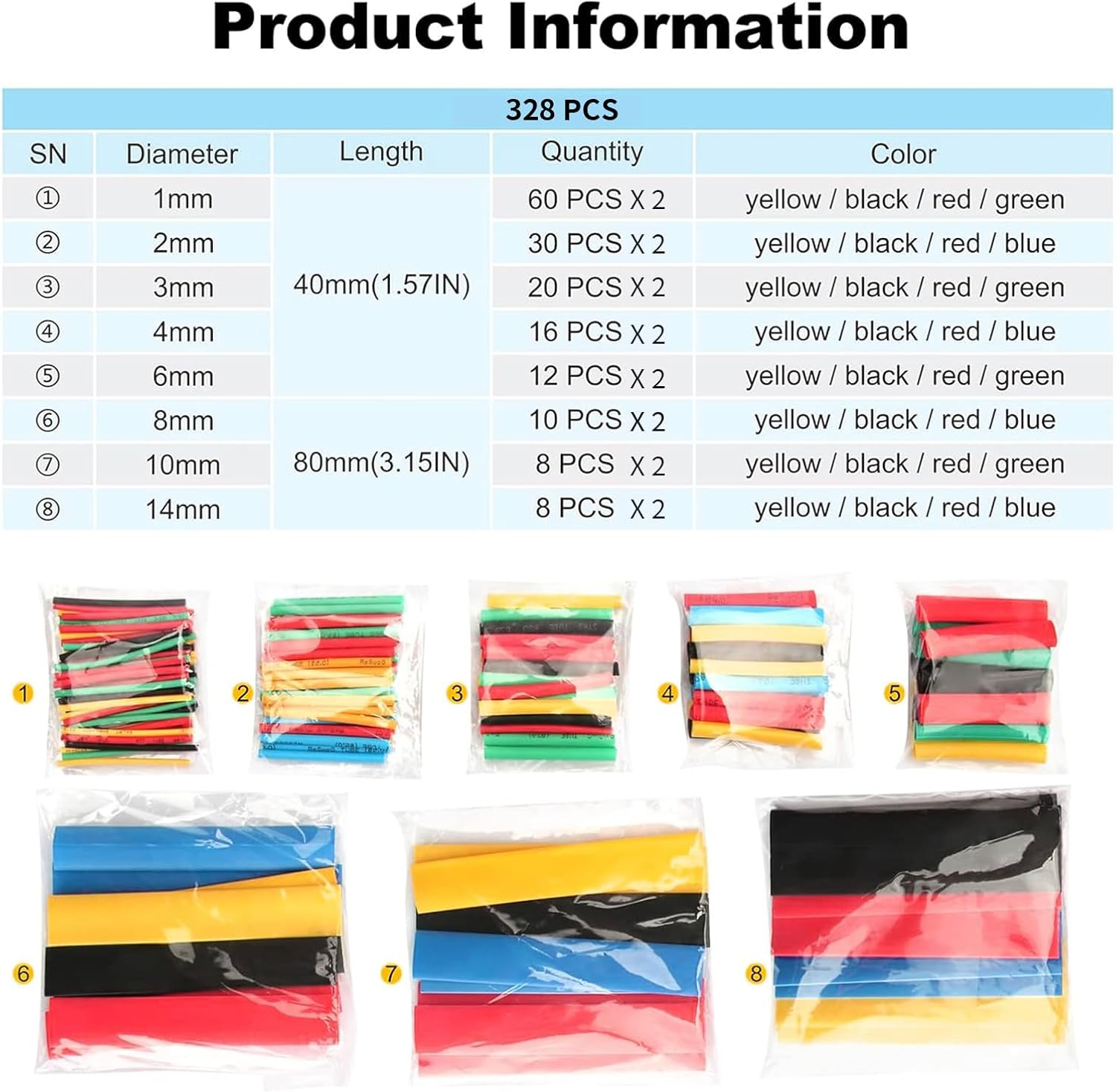 Snokay 328 Pcs Heat Shrink Tubing Kit, 2:1 Shrink Ratio Electric Insulation Tubes, 8 Sizes for Cable and Wire Repair, Industrial Shrink Wrap Tubing image number 4