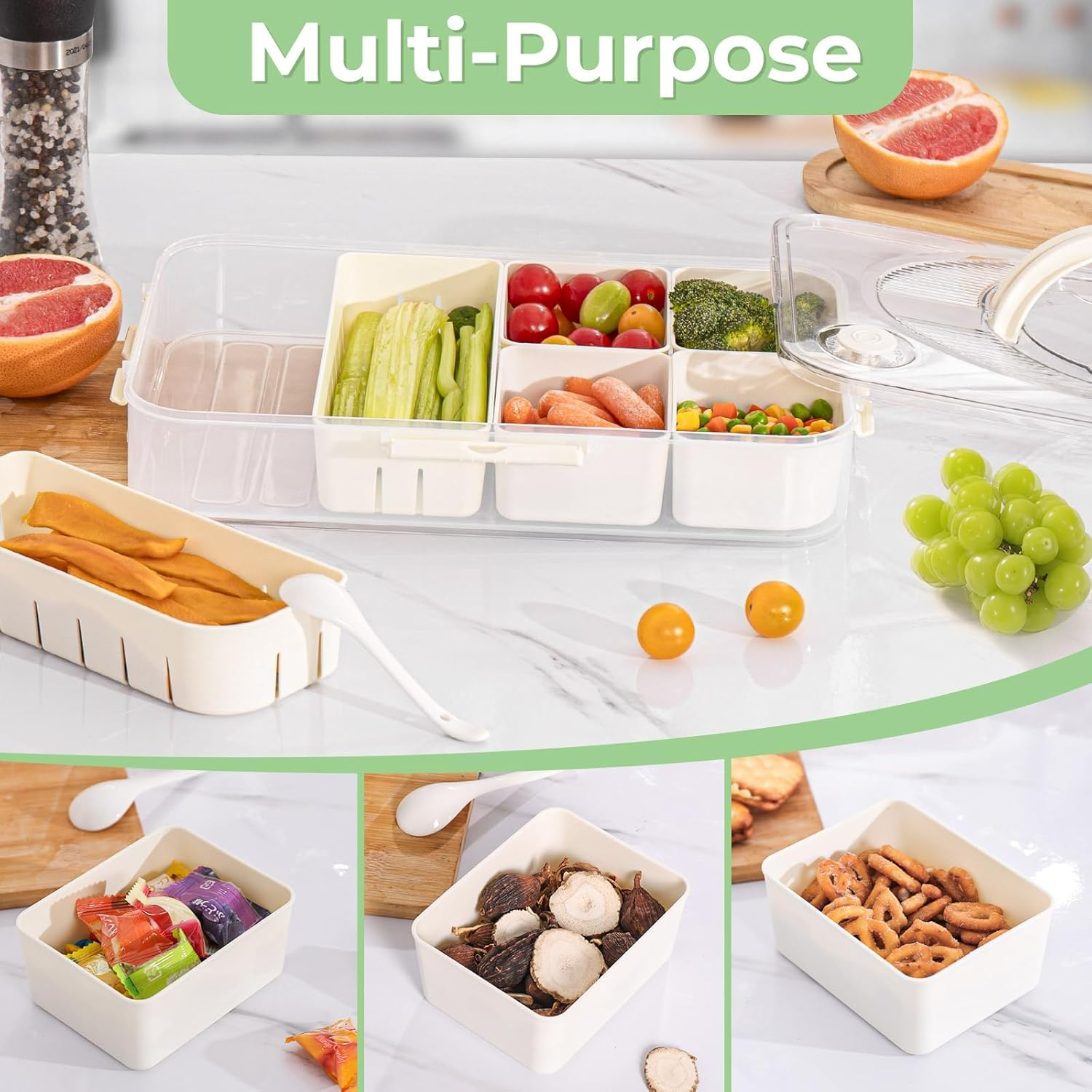 LUXEAR 2PC Divided Serving Tray with Lid and Handle Snack Box Charcuterie Container Dishwasher Safe Snack Platters Portable Clear Organizer for Fruits, Candy, Snacks, Picnic, Party&Travel image number 4