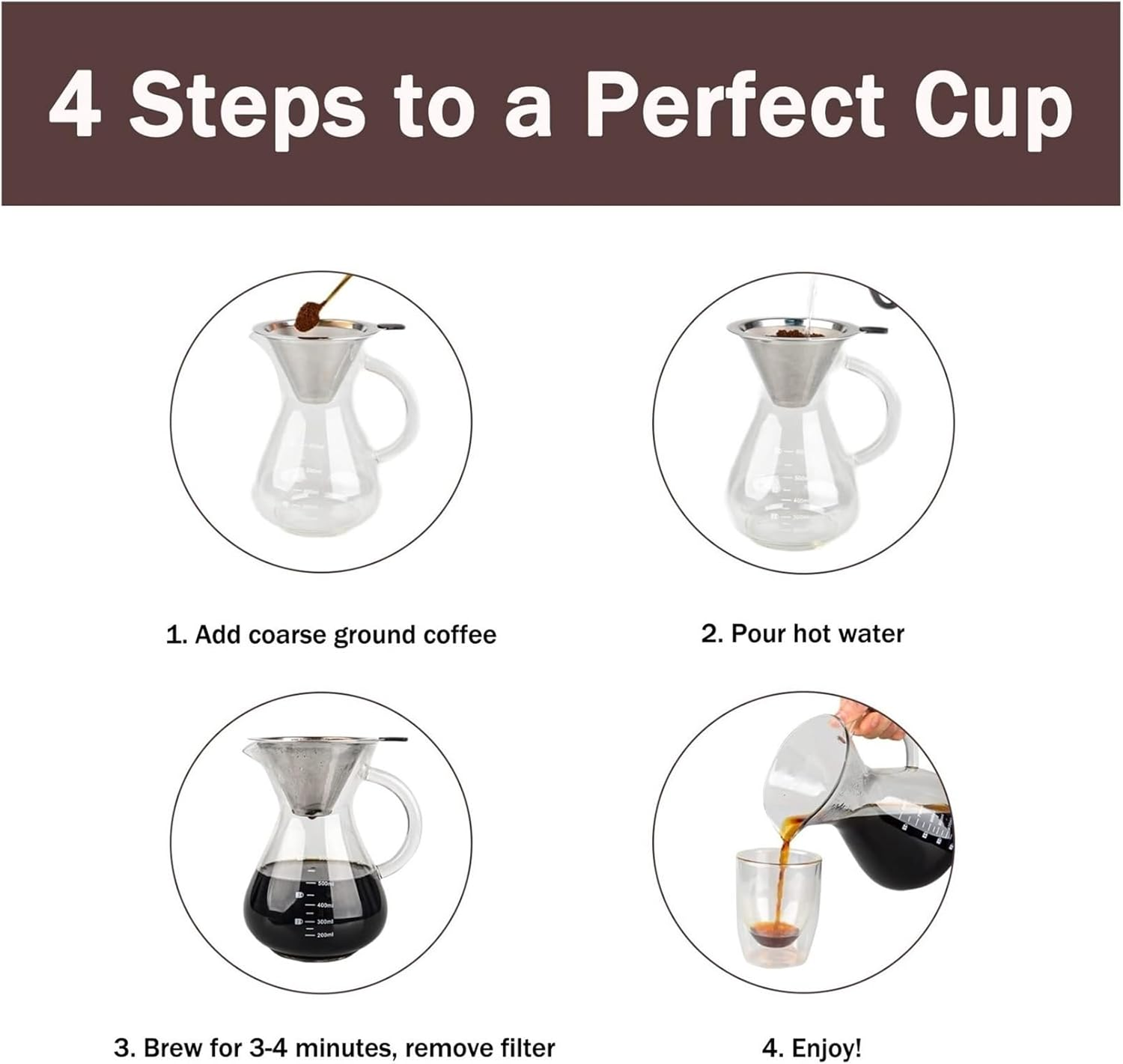 KFKAA V60 Pour over Coffee with Reusable Double-Layer Stainless Steel Filter, 600Ml/20Oz Bpa-Free Glass Drip Coffee for Home, Cafe, Office image number 2
