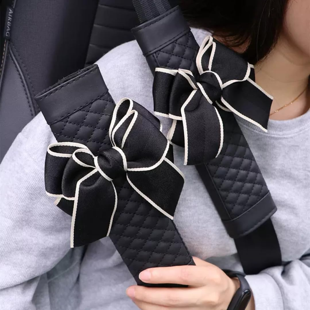 Zigihos Cute Bow Leather Car Seat Belt Cover Pads,2 Pcs & 4 Pcs Seat Belt Cover for Shoulder, Seatbelt Cushion, Car Seat Strap Pads, Seatbelt Covers for Women (Black,2) image number 2