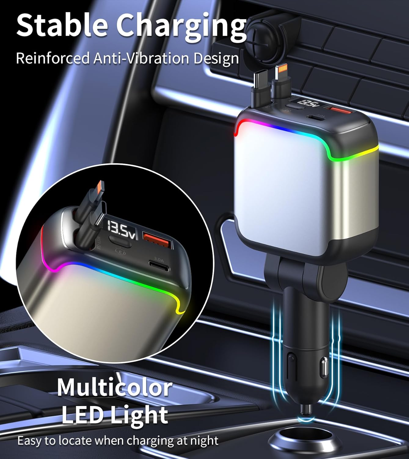 XXZU 137W Retractable Car Charger with 90Cm Built-In Cables, Fast Charging Car Phone Charger with Voltage Display, USB-C/USB-A with PD, Car Adapter Compatible with Iphone, Galaxy, Macbook, Ipad image number 6