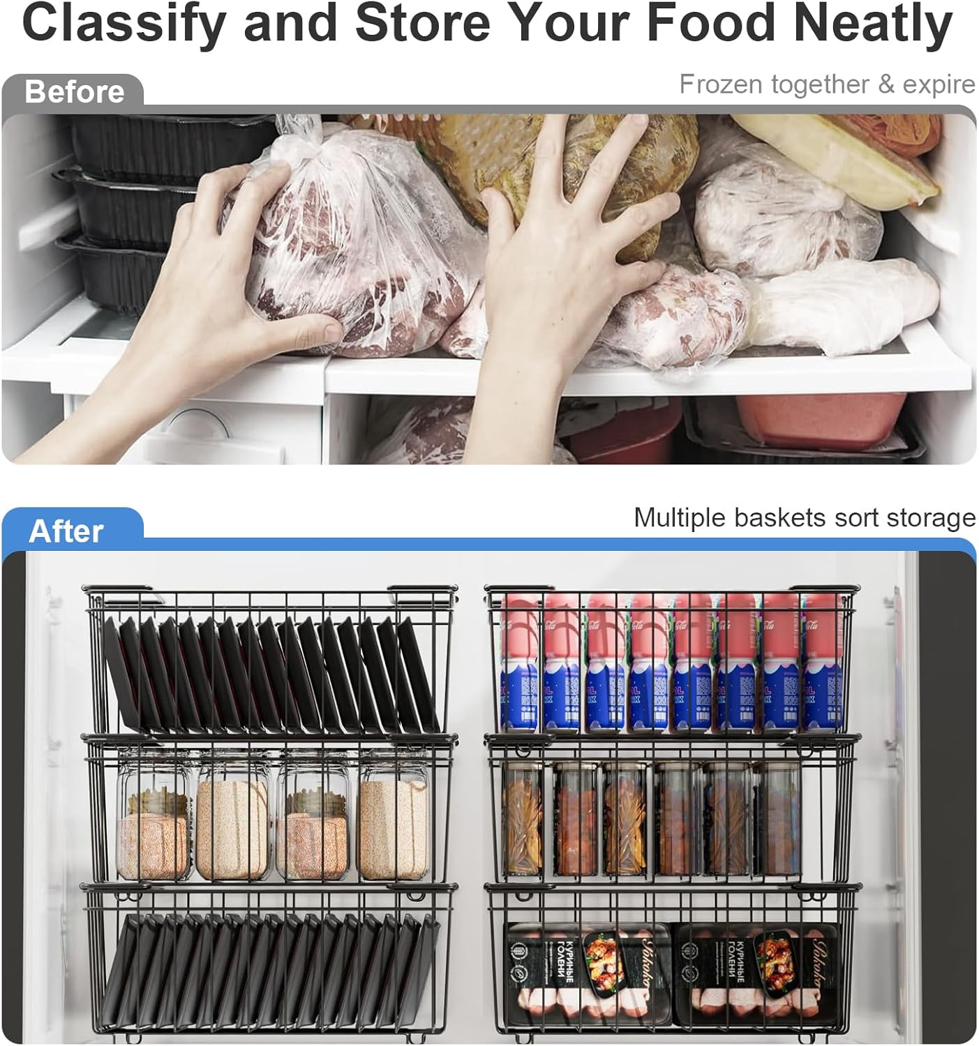 6 Pack Freezer Organizer Bins, Stackable Deep Chest Freezer Organizer Bins, Metal Foldable Baskets with Handles, Black Wire Freezer Storage Bin with Better Space Utilization (37&times;18&times;15Cm) image number 2