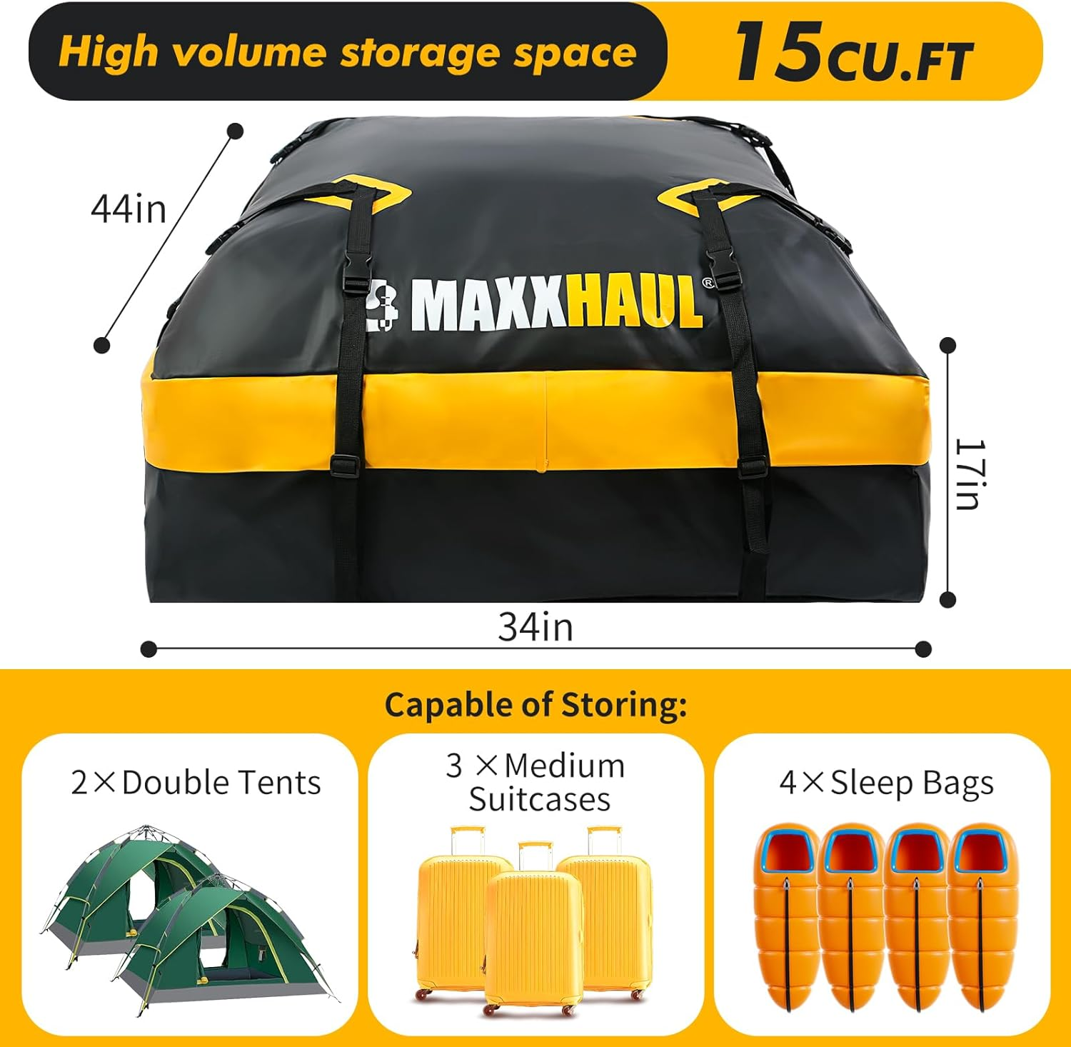 Maxxhaul 50719 Universal Car Rooftop Cargo Bag for All Vehicles with or without Rack, 15 Cubic Feet, Waterproof image number 1