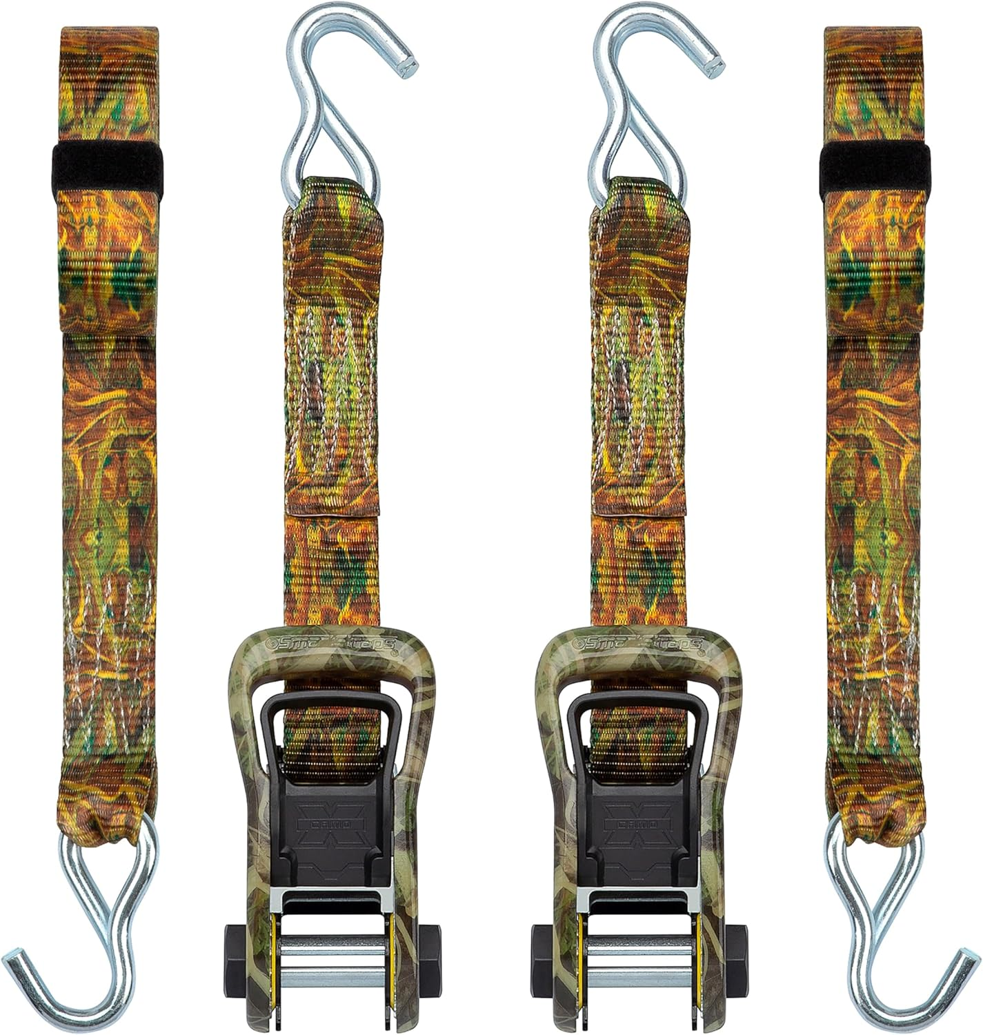 SMARTSTRAPS 14&rsquo; Camox Ratchet Straps, 4 Pack &ndash; 3,000Lbs Break Strength, 1,000Lbs Safe Work Load &ndash; Premium Duty Tie Downs for Heavier Loads, Orange Camo Webbing