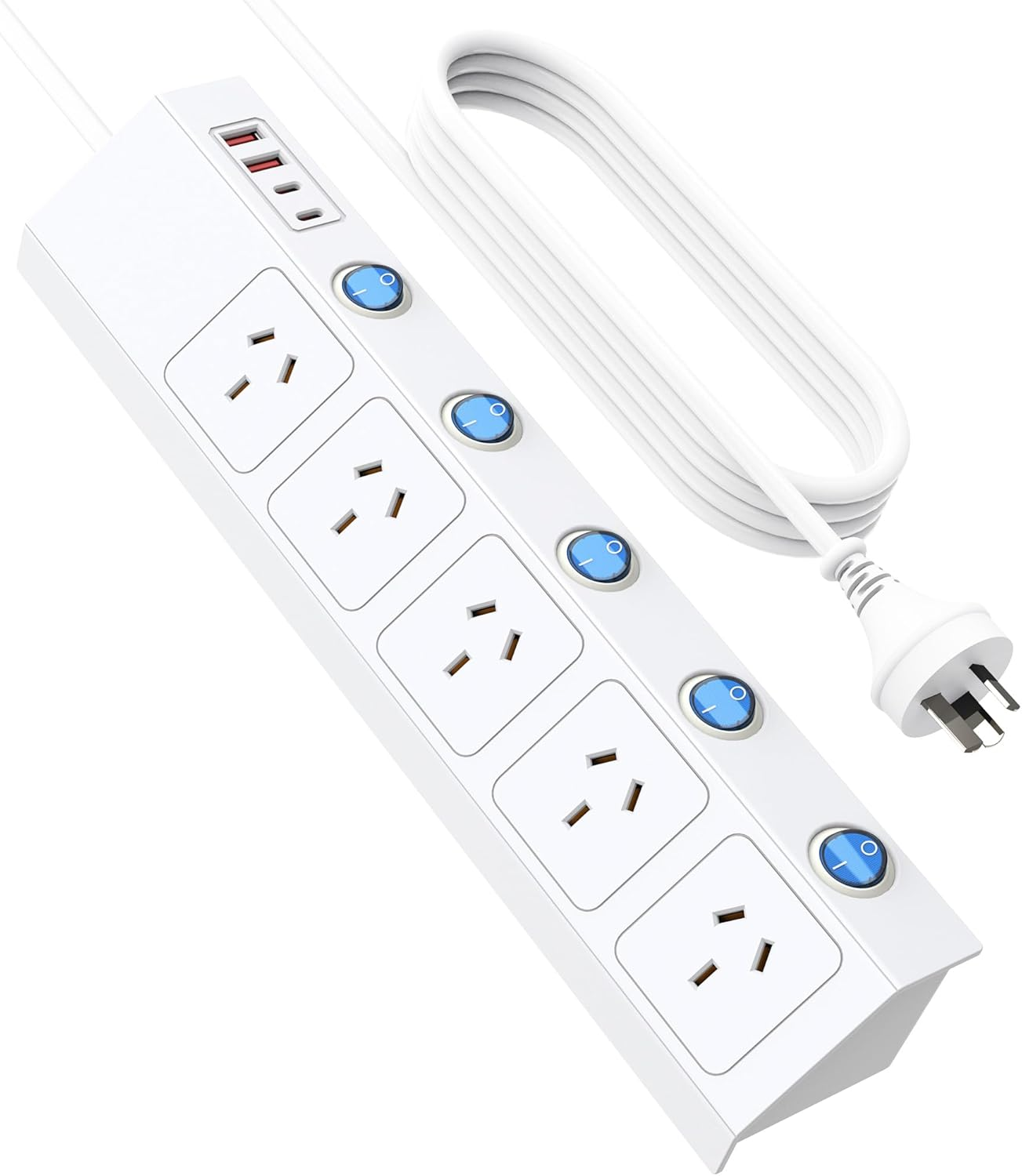Power Board Surge Protected with Individual Switch, Powerboard with 5 AC Outlets 4 USB Ports (2 USB C), 1700J Surge Protector, SAA Certified, 1.5M Extension Cord for Home and Office, White image number 4