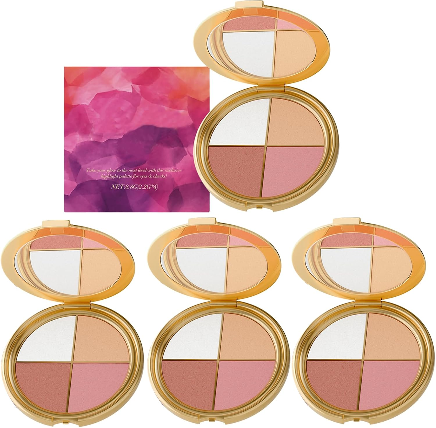 Highlighting Eye&Cheek Palette - Eyeshadow and Highlighter Makeup, 4-In-1 Highlight Shades Makeup for Blush, Silky Smooth and Easy-Blending, Natural Glow Contour Powder, for Cheeks and Eyes (2Pcs)
