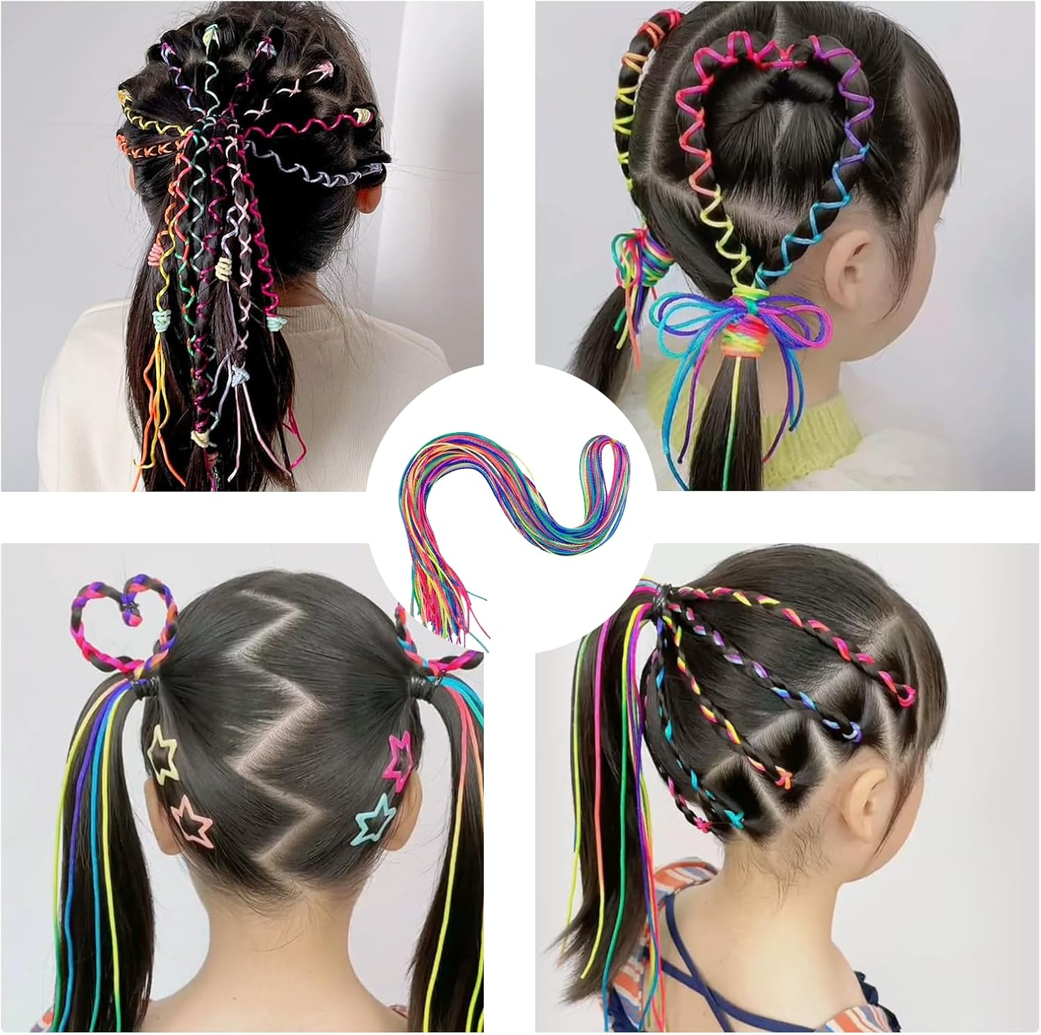 Treayes 30Pcs Colorful Hair Braiding Rope Strings for Rainbow Hair Wrap Cords for Braids, Rainbow Rope Strands, Colored Hairs Wrap Braided Ponytail image number 2