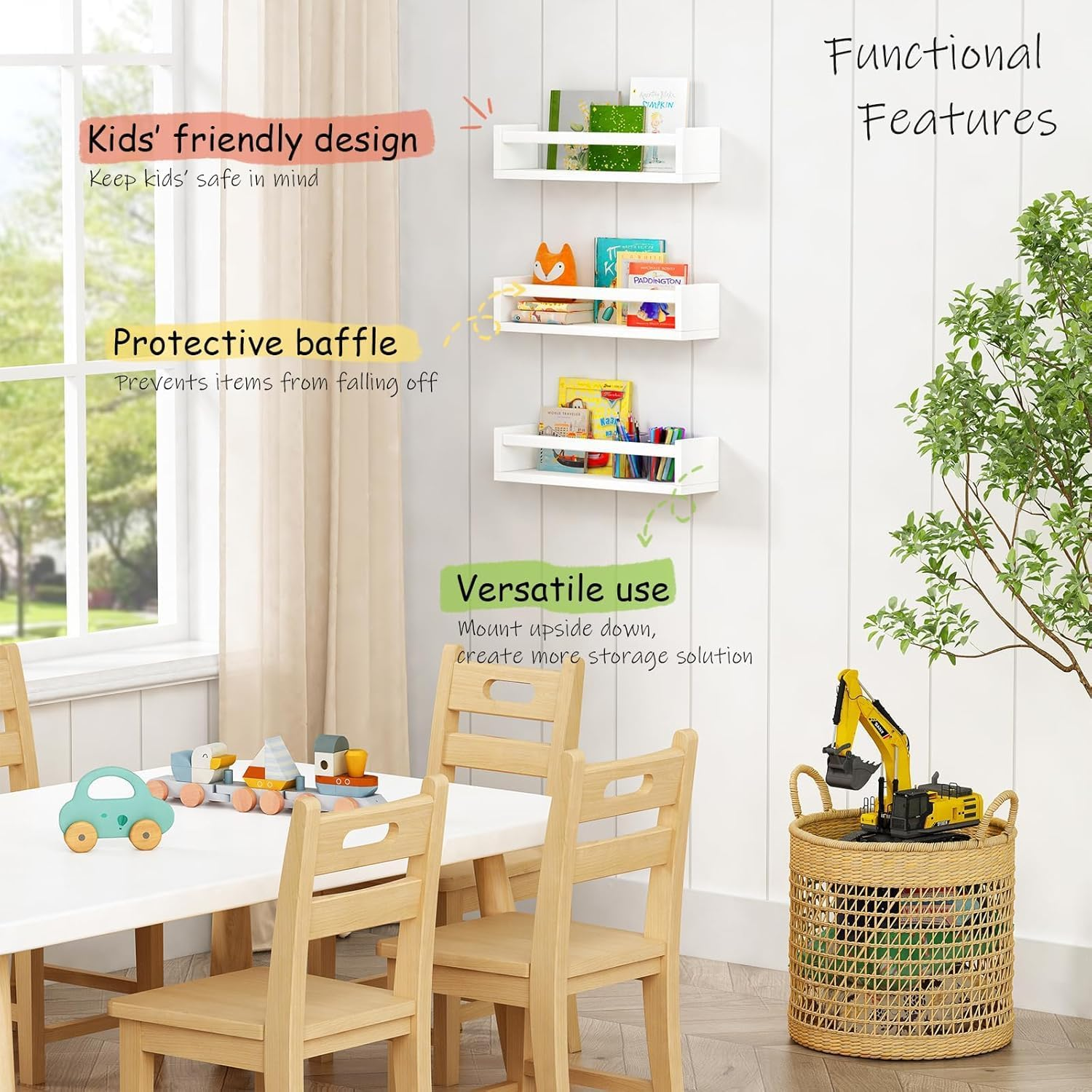 Floating Shelves, 16.5 Inch Nursery Shelves Set of 3, Wall Mounted Natural Solid Wood Kids Bookshelf, Baby Nursery Decor for Books Bedroom (White) image number 2