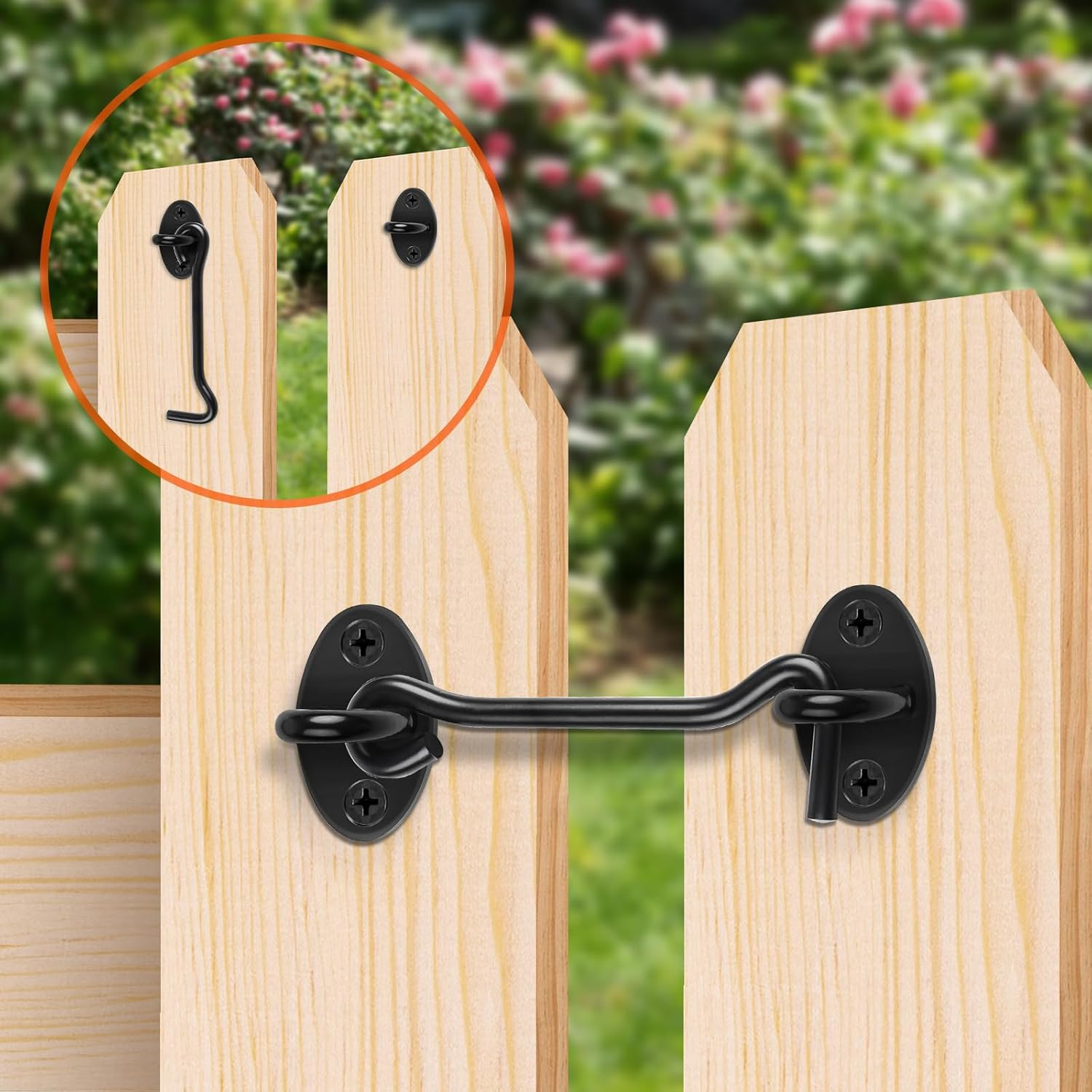 2 Pack Hook and Eye Latch, 4 Inch Black Cabin Hooks Stainless Steel Eye Gate Latch Easy Lock, Sliding Door Hooks Barn Door Catch Hardware with Screws for Outdoor Garden Shed Patio Window Wooden Gates image number 2