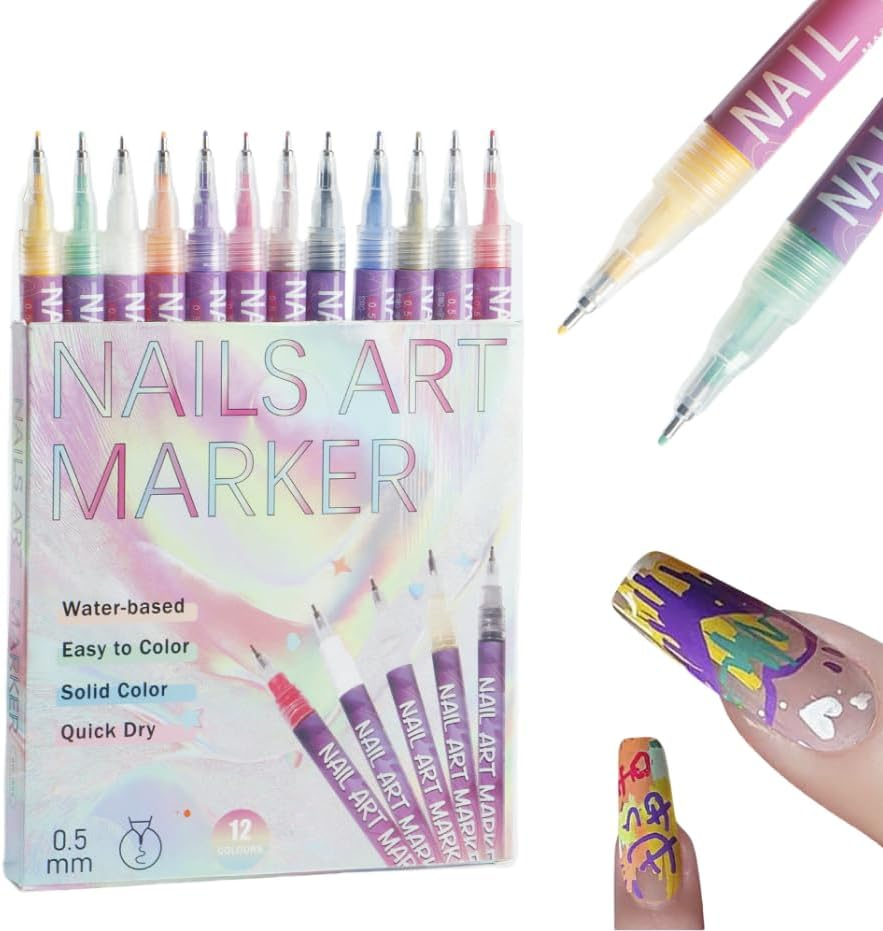 Nails Art Professional Nail Art Marker Set, 12 Water-Based Quick-Dry Colors, 0.5Mm Fine Tip, Manicure Design Kit for Beginners and Professionals image number 3