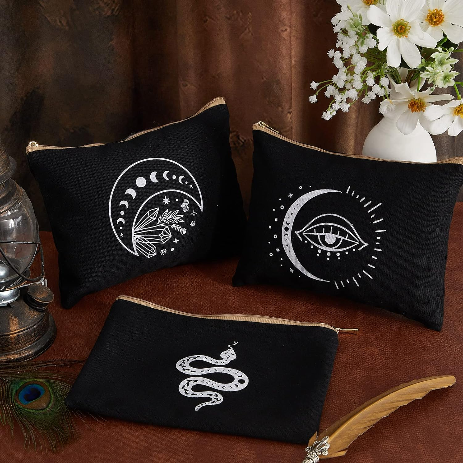 9 Pieces Moon Witch Zipper Pouch Bag Tarot Cards Phase Bag Witch Purse Gothic Aesthetic Canvas Makeup Bags Witchy Crystals Toiletry Bags Witchcraft Snake Cosmetic Bags for Women Girls, Black image number 4