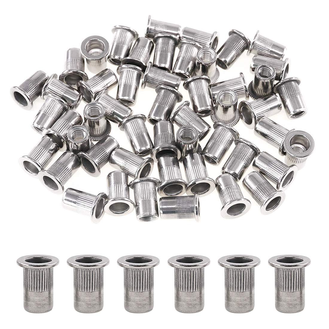 Glarks 50Pcs 304 Stainless Steel M6 Flat Head Threaded Rivetnut Insert Nutsert Rivet Nut Set (M6) image number 1