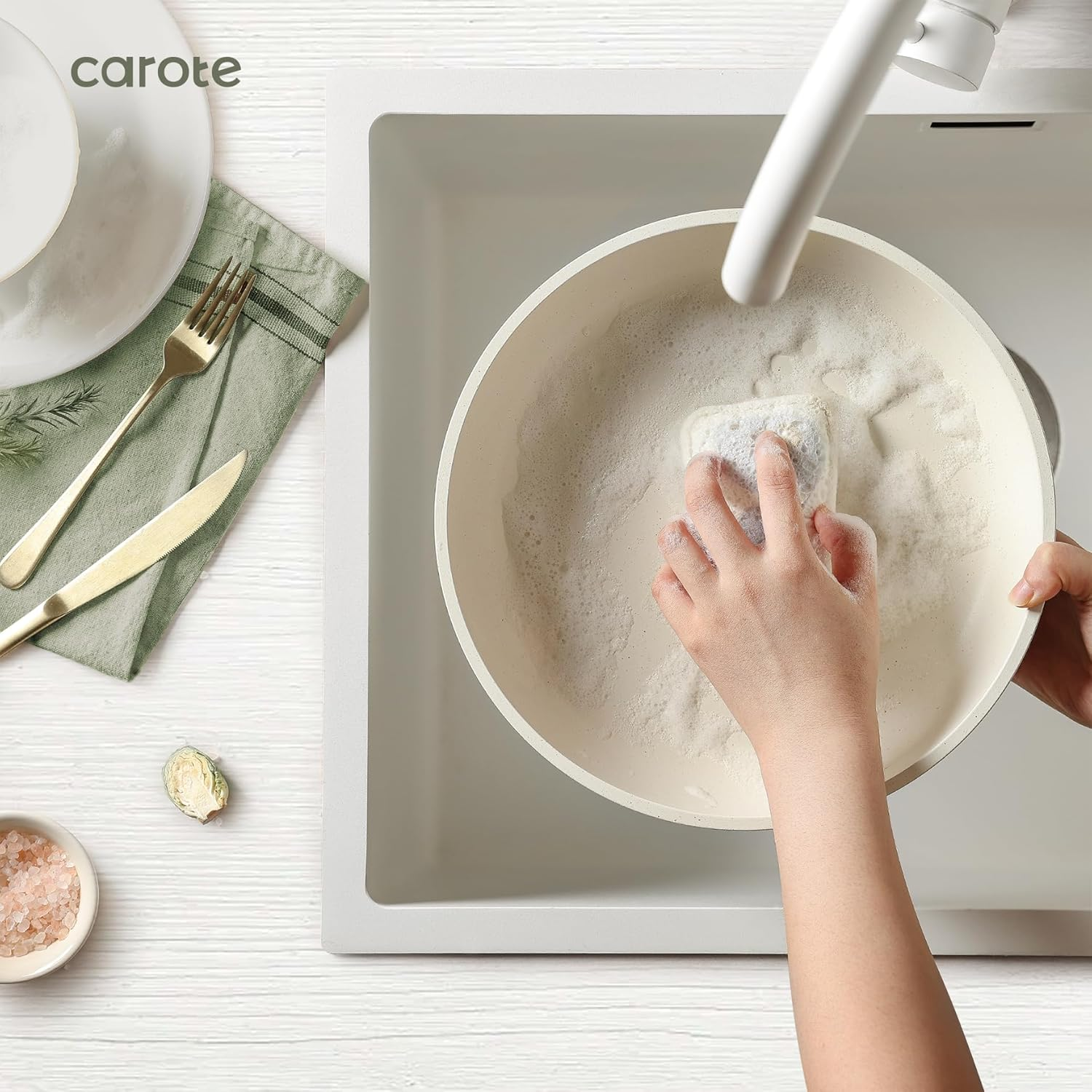 CAROTE 11Pcs Pots and Pans Set Non Stick, Cookware Sets Detachable Handle, RV Kitchen Set Removable Handle, Oven Safe, Induction Ready, Stackable Non-Stick Set, Cream White image number 1