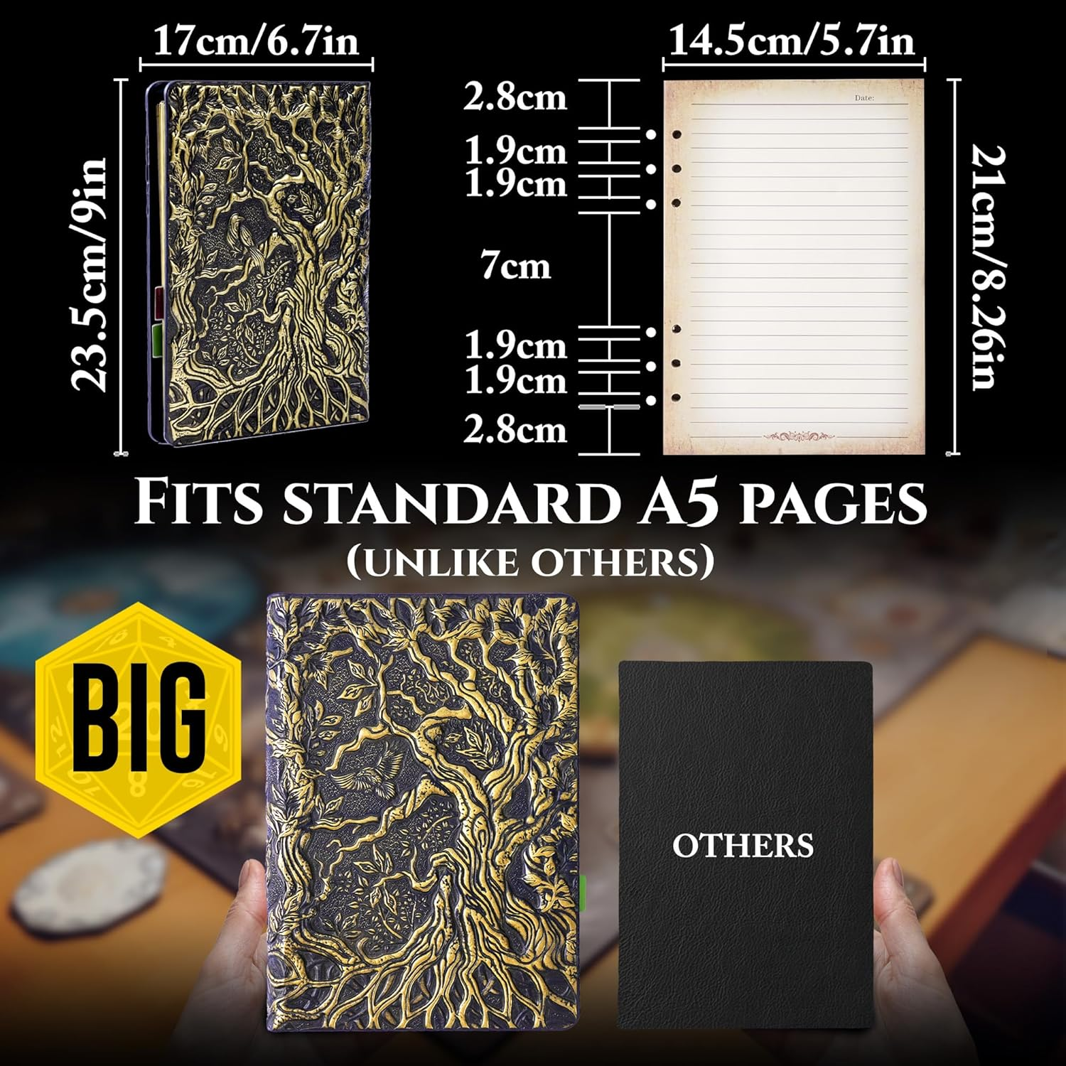 DND Notebook Journal Refillable Binder - A5 Story Forge 400 Pages (200 Sheets) with Breathtaking 3D Tree of Life Design - Perfect for Dungeons and Dragons (D&D) with Bonus Tabs and Ruler (Bronze) - Bronze image number 3