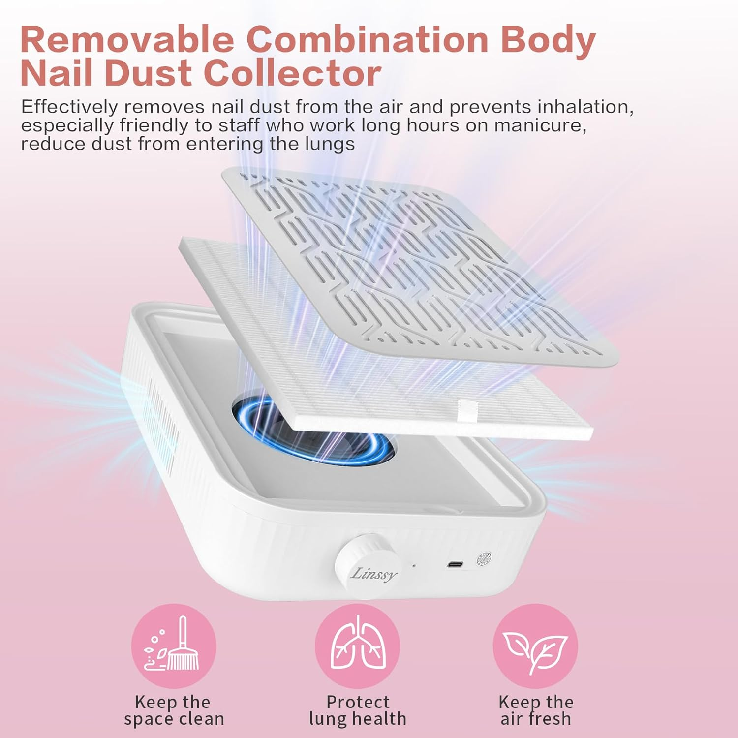Linssy Nail Dust Collector, Rechargeable & Cordless Dust Collector for Nail Tech with Reusable HEPA Filter, Extractor Dust Suction Machine for Acrylic Nails Polishing at Nail Salon & Home Use