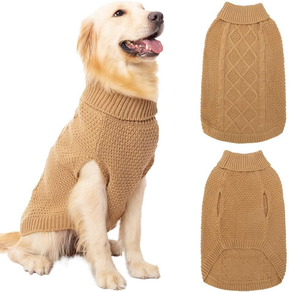 Mihachi Turtleneck Dog Sweater - Winter Coat Apparel Classic Cable Knit Clothes with Leash Hole for Cold Weather, Ideal Pet in New Year Khaki