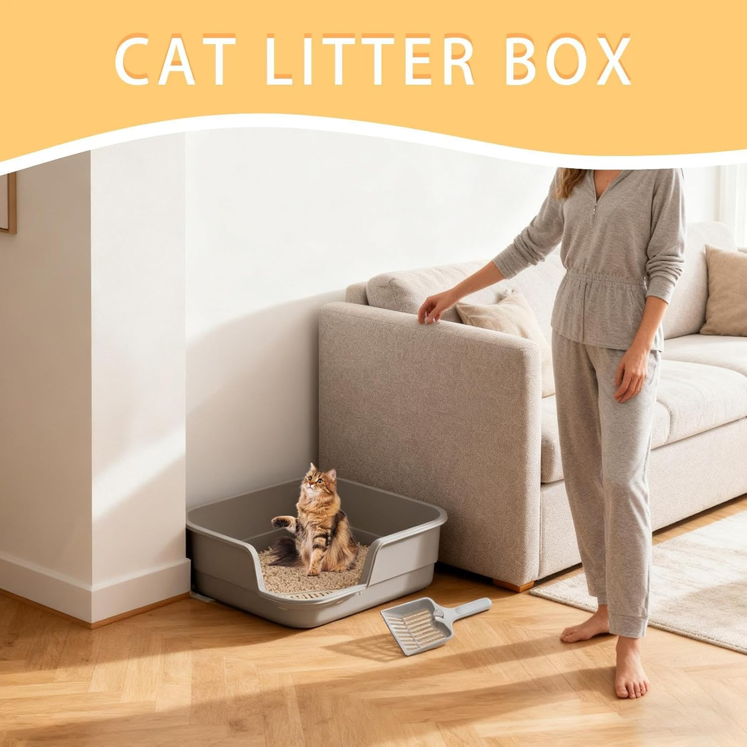 Cat Litter Box | Anti-Splash High Sides,Easy Clean Litter Box for Multi-Cats | for Cleaning Odor Control Indoor Office Dorm Apartment Household Hotel Farmhouse Living Room Balcony - White image number 3