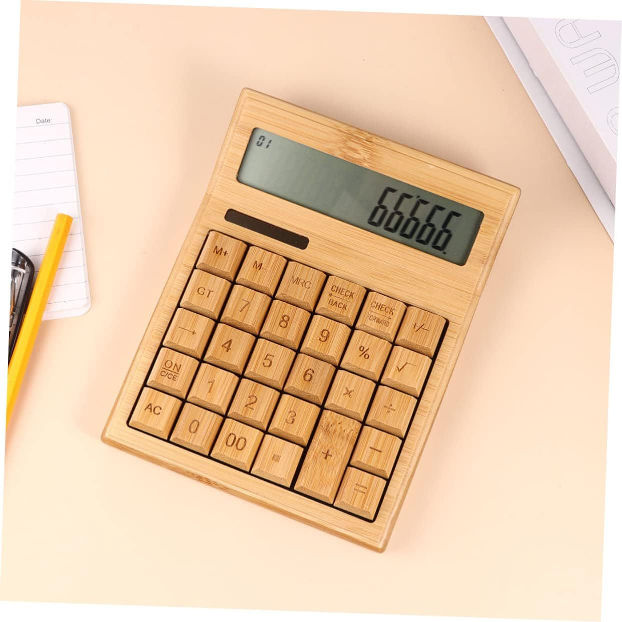 Key Bamboo Solar Calculator for Office Portable Electronic Calculator Buttons for Desk Use and Basic Calculations - Light Brown image number 7
