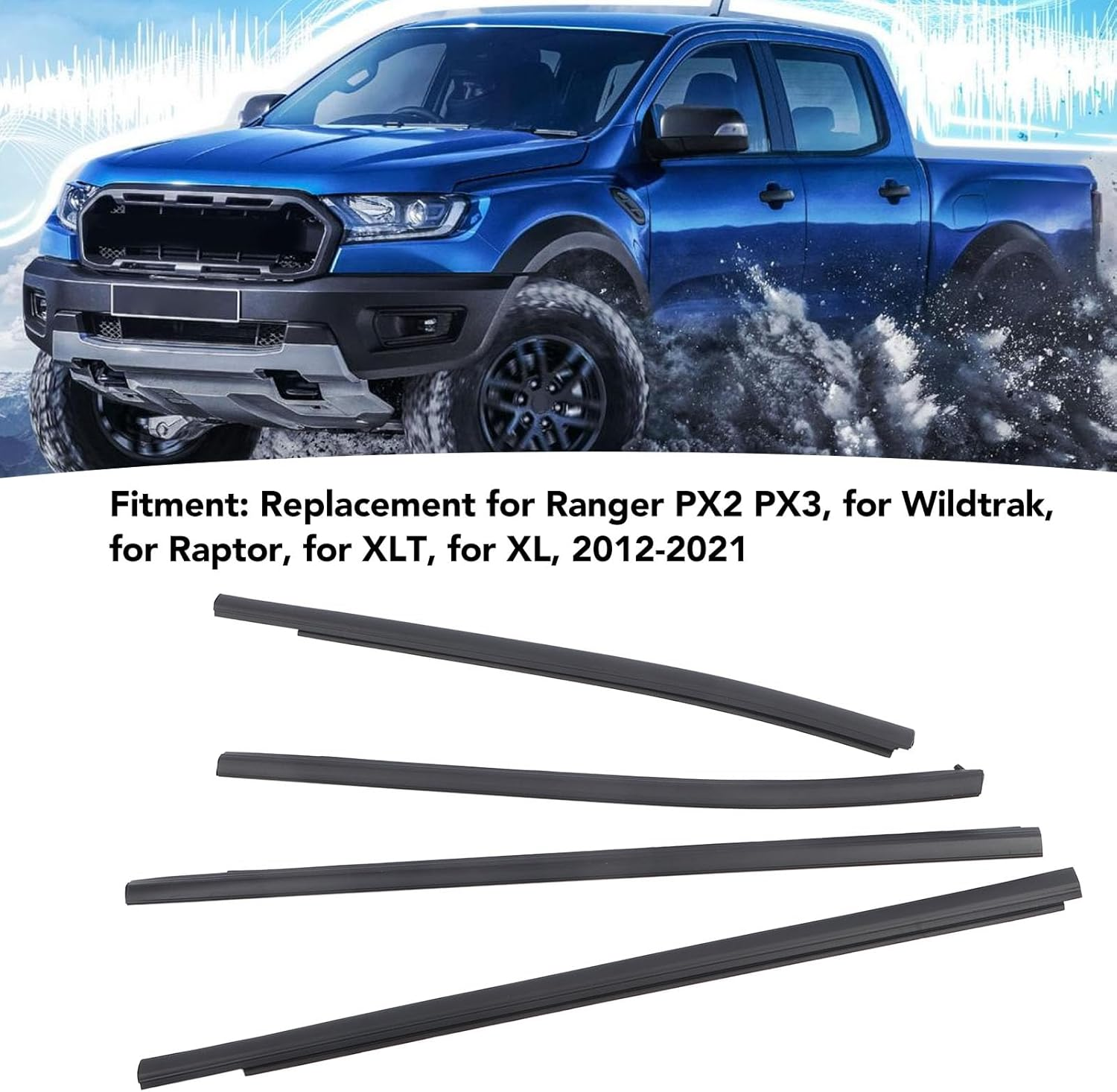 Window Moulding Trim Weatherstrip Seal Belt, 4 Pcs Car Outer Door Window Weatherstrip Molding, Compatible with Ranger PX2 PX3, Wildtrak, XLT, XL, 2012-2021, AB3926201A38AE image number 2