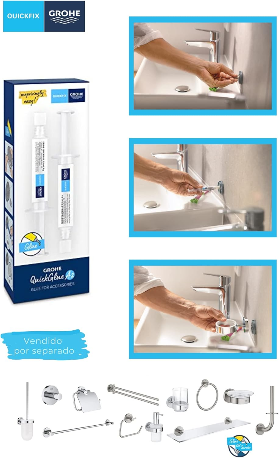 GROHE Adhesive 2 X Bathroom Accessories without Drilling (Suitable for Marble, Tiles, Glass, Plastic, Wood, Metal, Etc., Curing Time 24 Hours, Use 1 Glue per Attachment Point) 2 Pieces, 41128000 image number 6