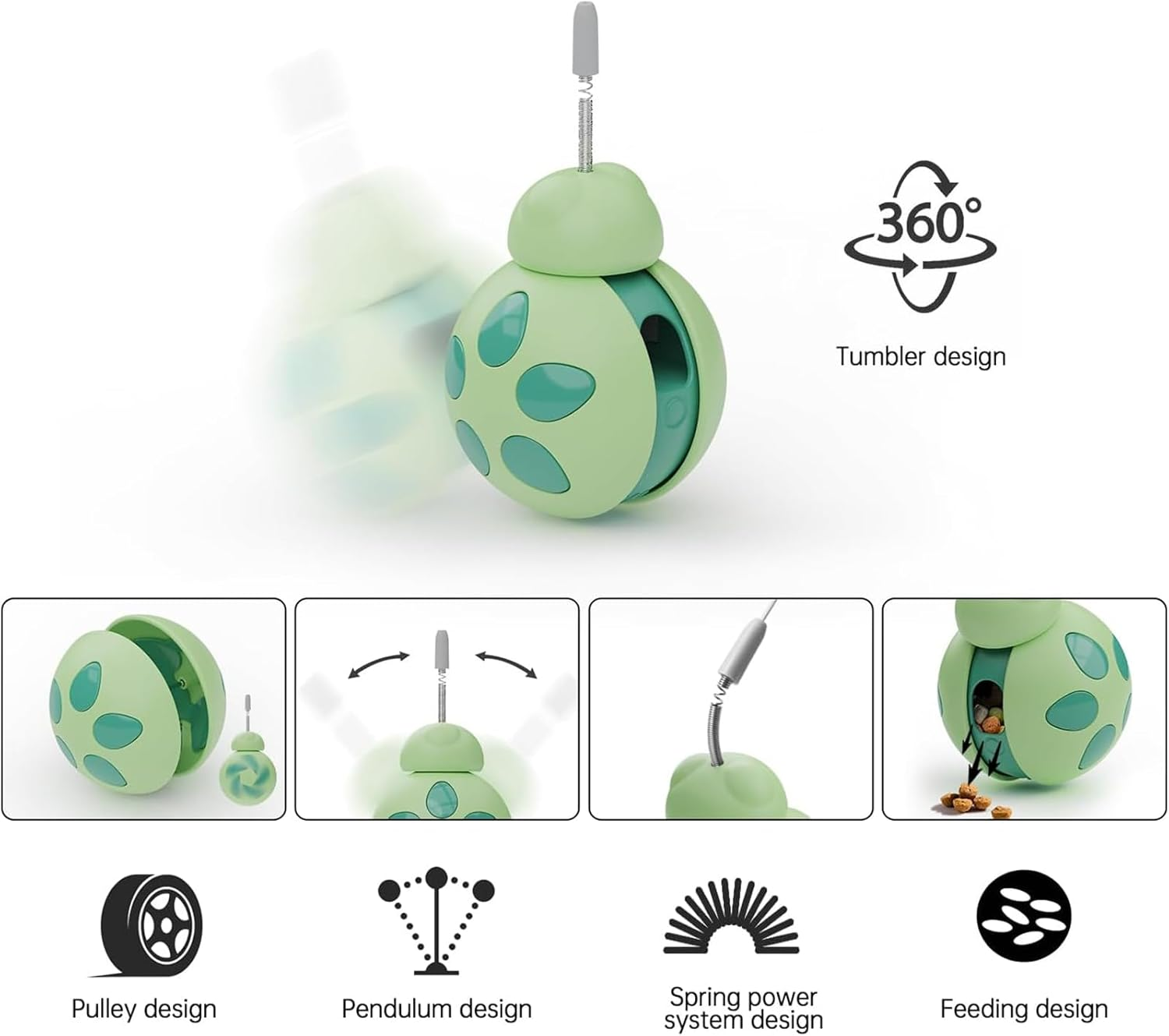 Yeanifeana Beetle Cat Toy for Indoor Cats, Interactive Treat Dispenser & Tumbler Toy with Cat Wand, Slow Feeder Balance Car Design for Exercise/Boredom Relief (Green) image number 2