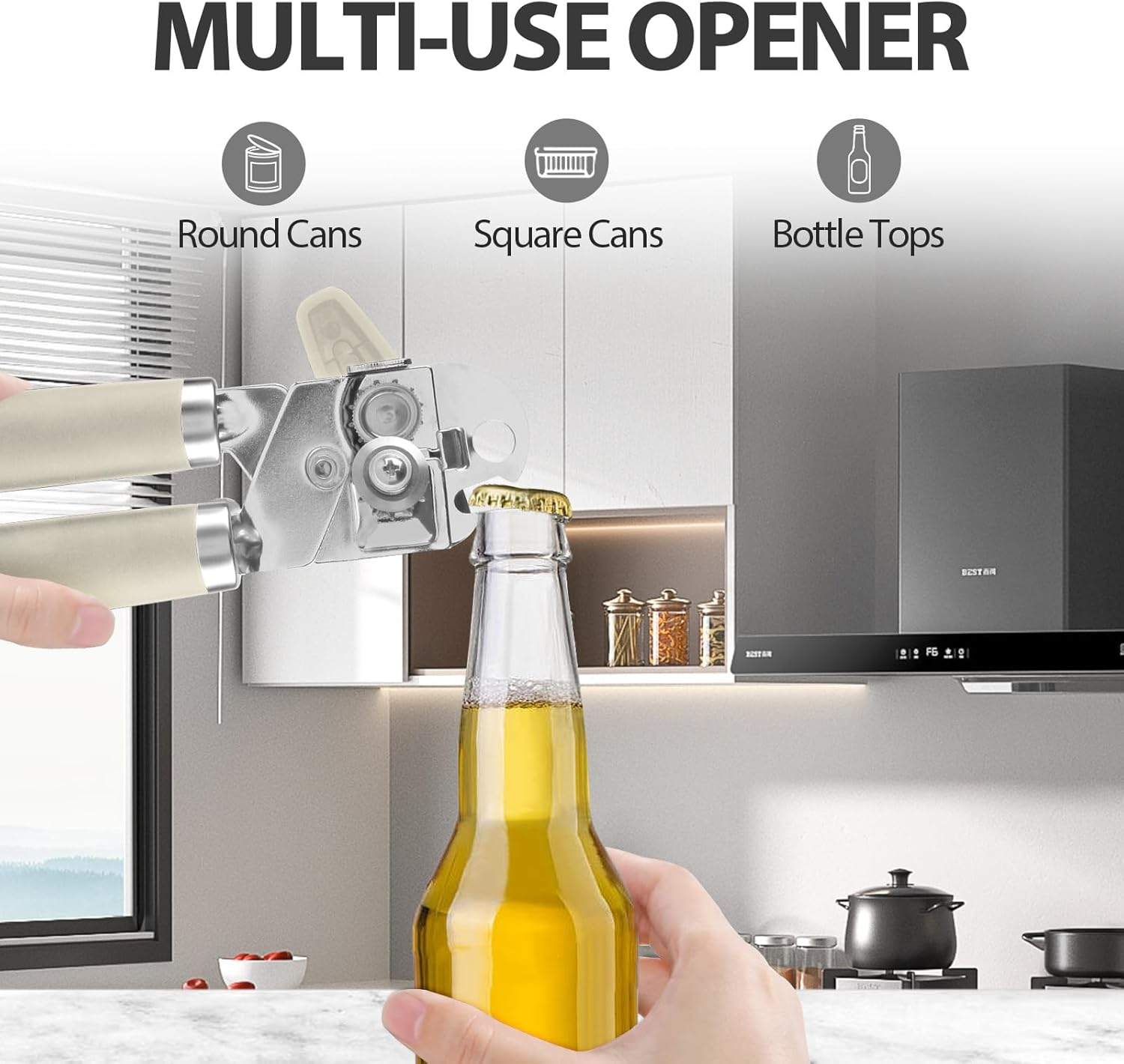 Safring Can Opener Manual, Heavy Duty Handheld Strong Can Opener with Soft Touch Handle, Sharp Blade Smooth Edge, Can Openers with Multifunctional Bottle Opener, Beige image number 4