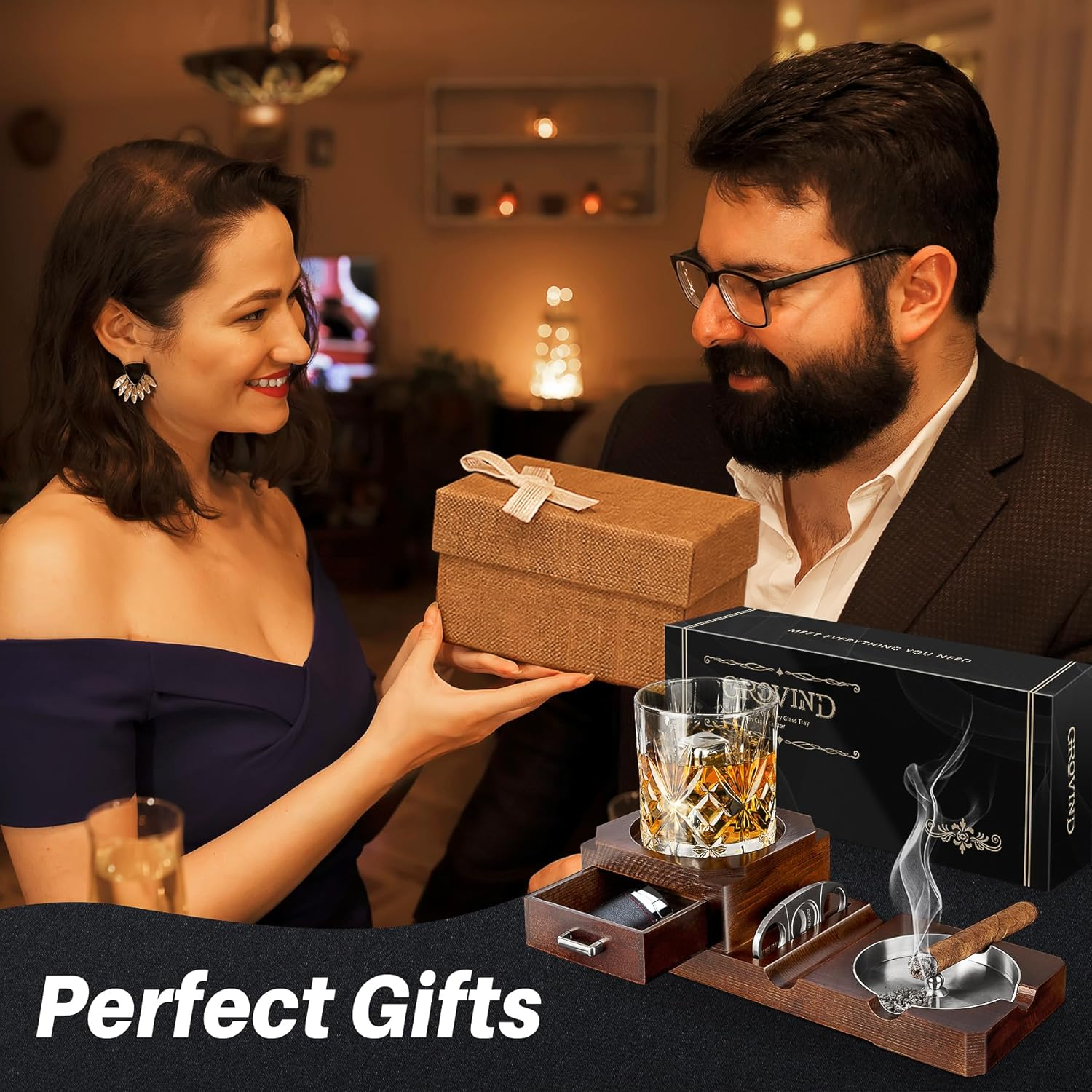 Grovind Cigar Ashtrays, Whiskey Glass Tray and Wooden Ash Tray Detachable Outdoor Ashtray for Cigarettes, Gift Set with Cigar Cutter, Great Decor for Home Office Gifts for Men - Gold Yellow image number 5